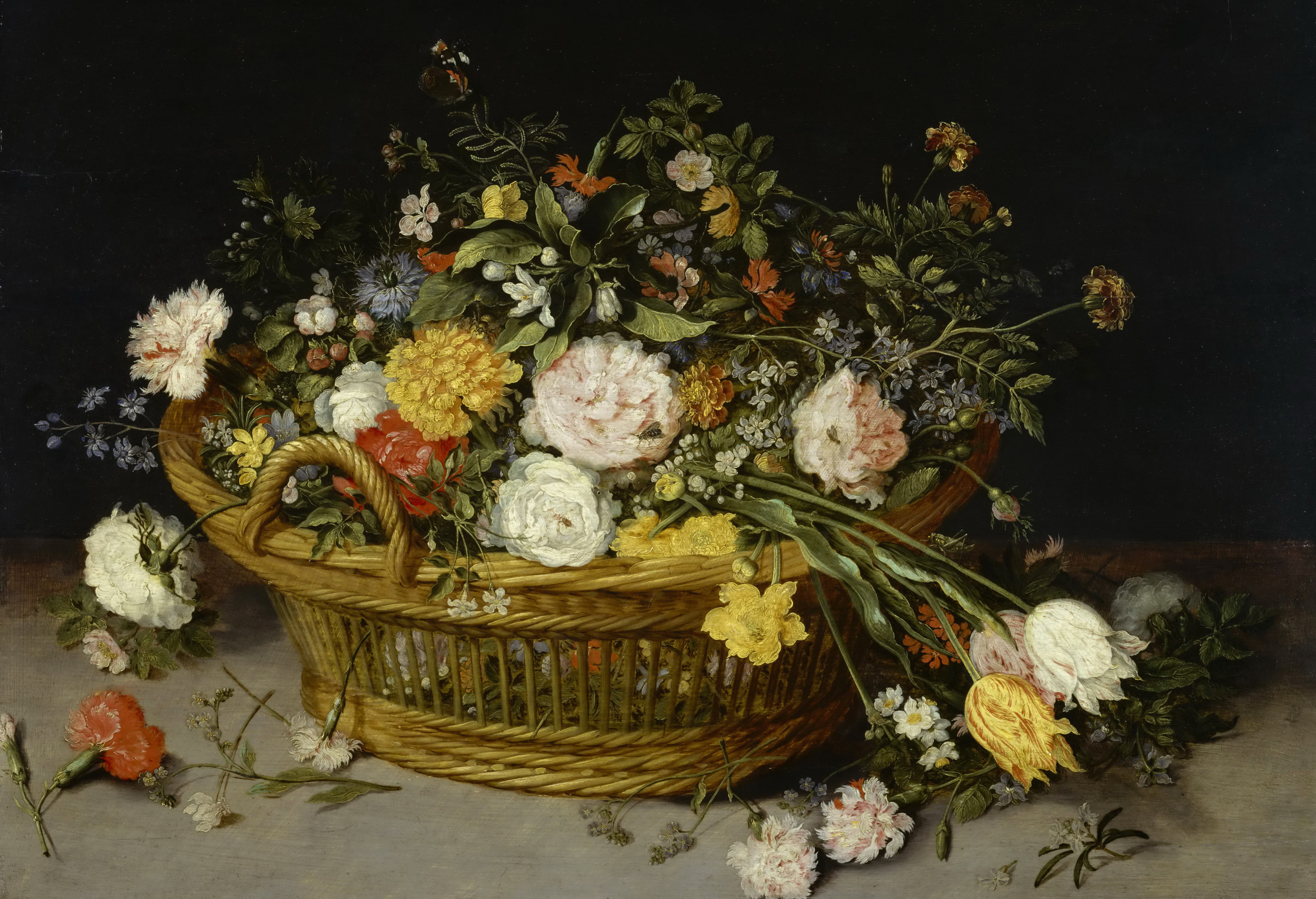 still life, 2K, Basket with Flowers, Jan Brueghel the younger, picture, HD Wallpaper