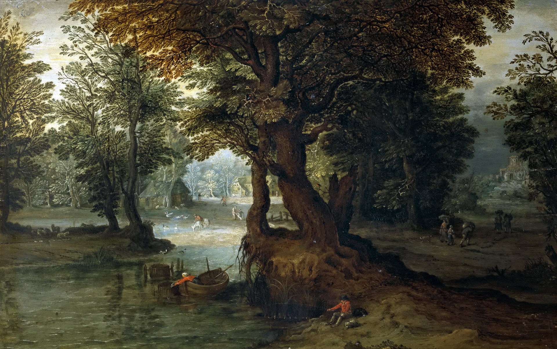 trees, forest, Forest Lake, house, picture, fisherman, Jan Brueghel the younger, 1080P, boat, landscape, HD Wallpaper