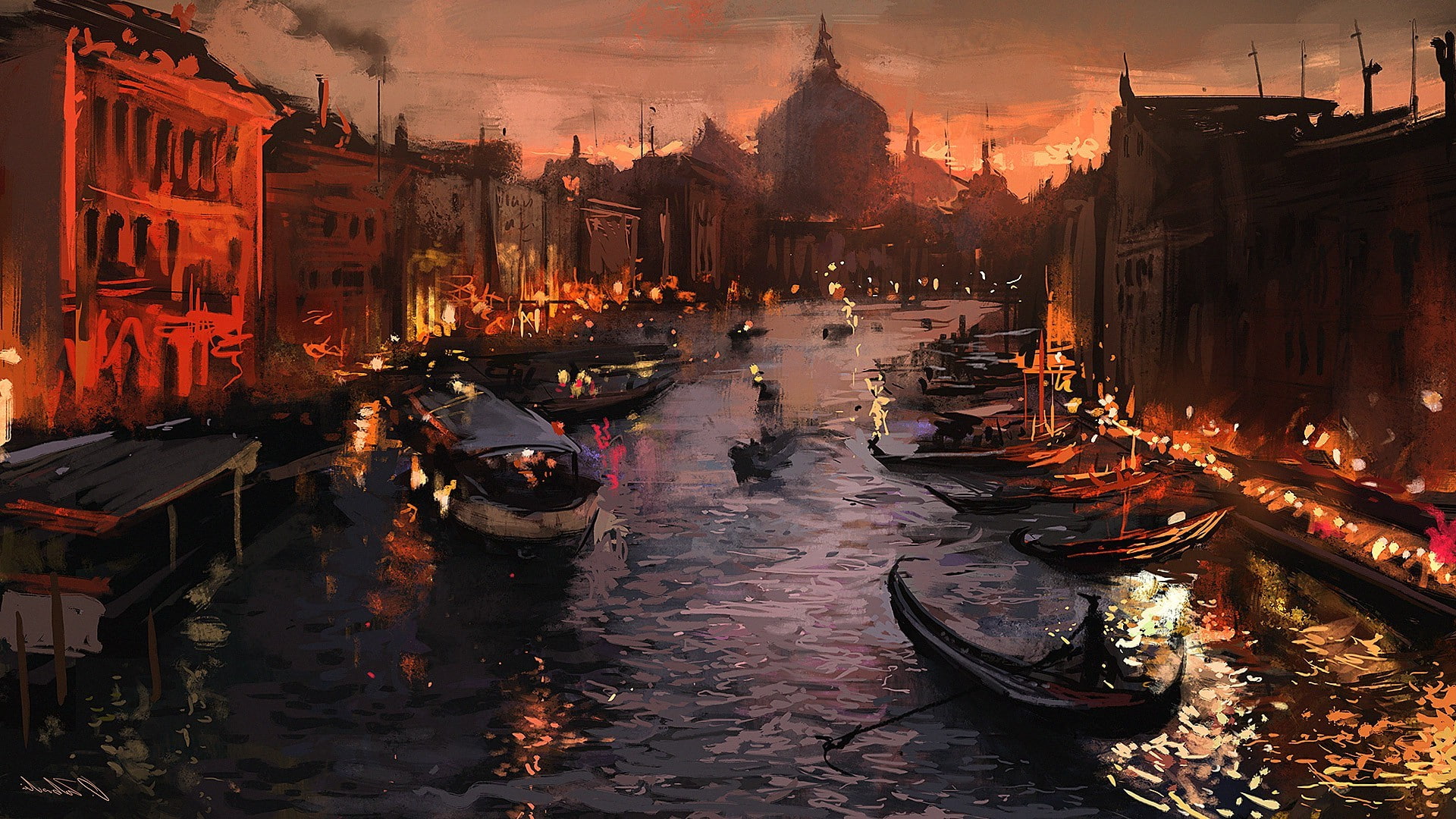 river, Italy, 1080P, painting, artwork, Venice, Gondolas, HD Wallpaper