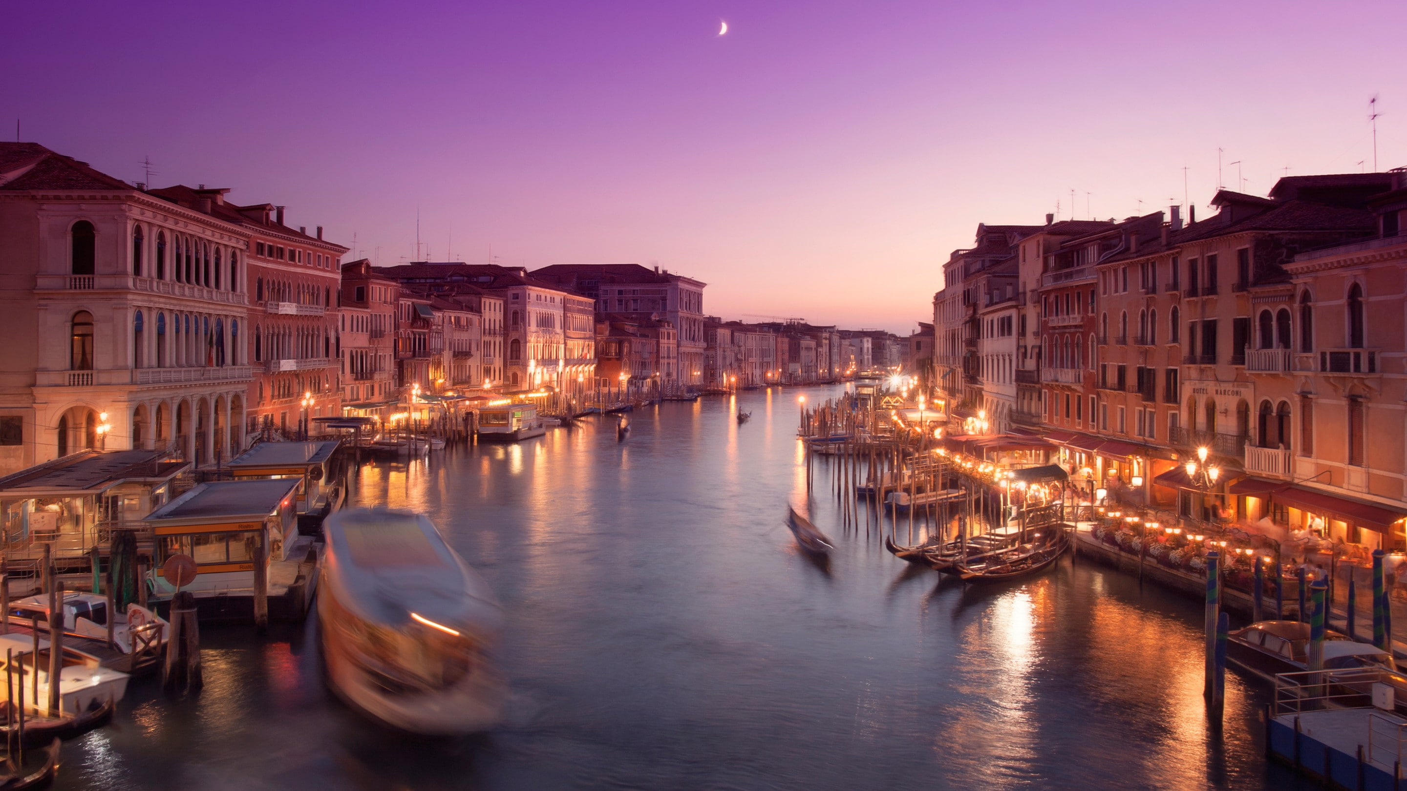 gondolas, night, city lights, river, Venice, 2K, HD Wallpaper