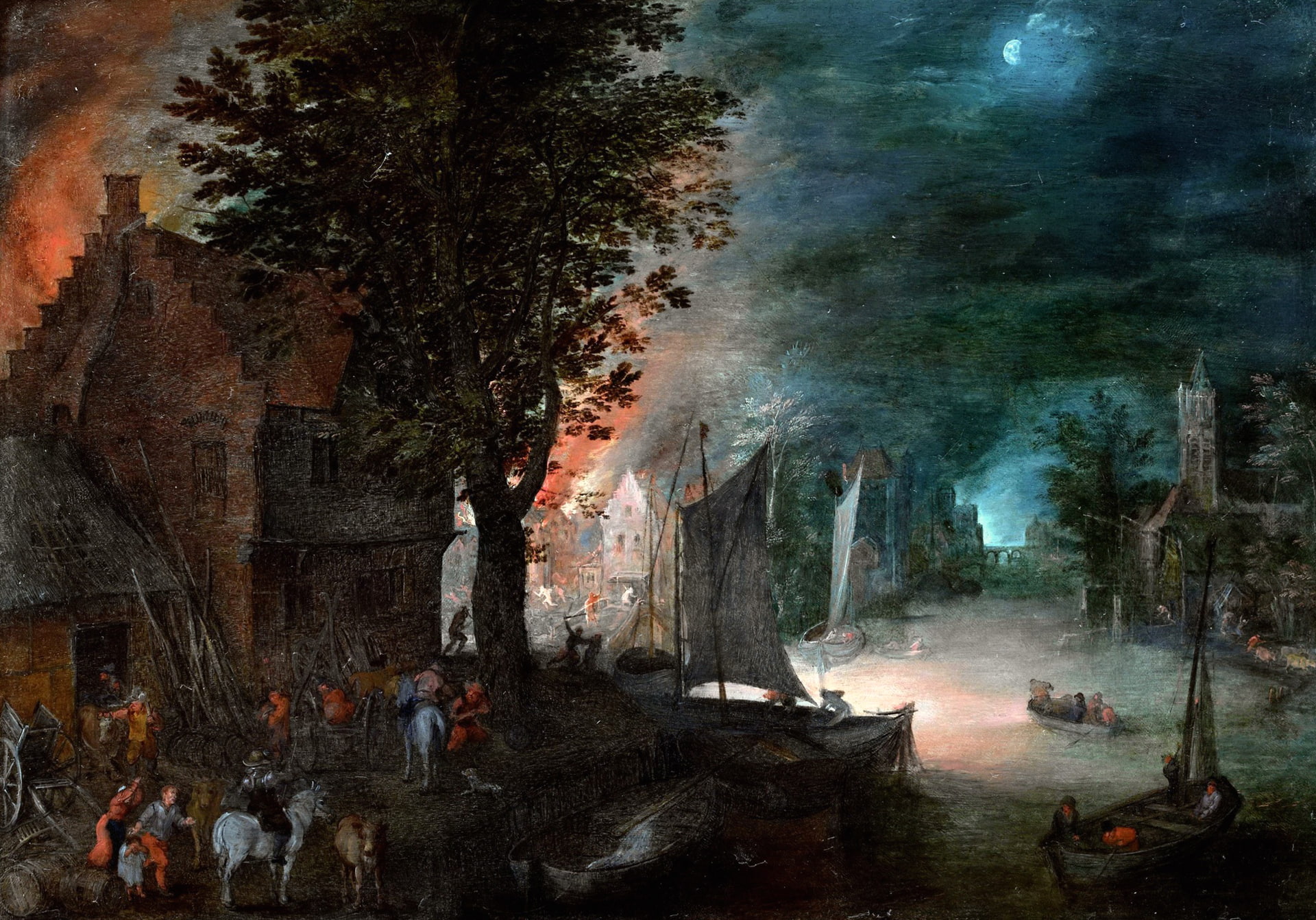 Jan Brueghel the younger, A fire in the Village, picture, 1080P, landscape, HD Wallpaper