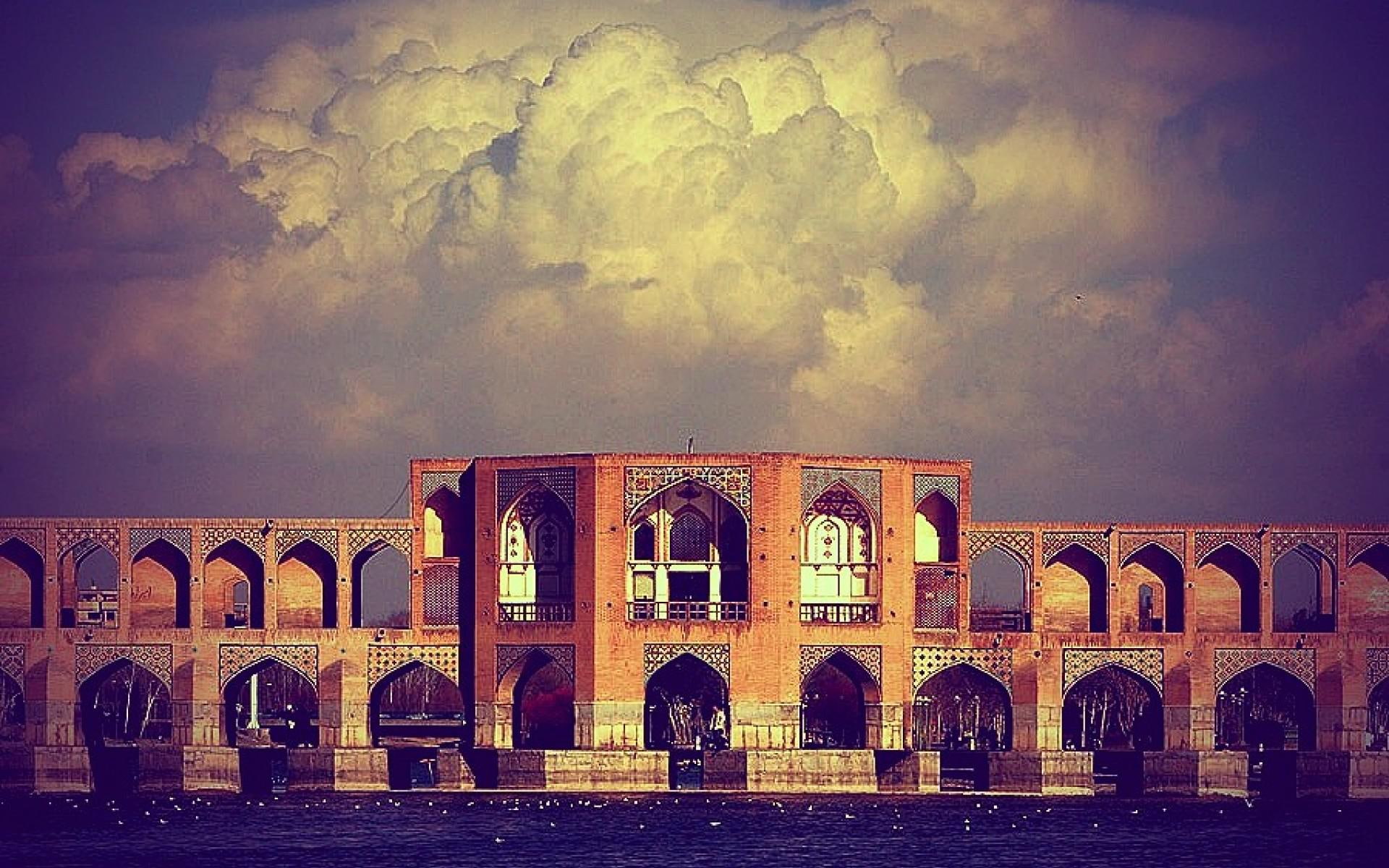 1080P, castle, iran, concrete, esfahan, architecture, clouds, brown, pol, sioseh, HD Wallpaper