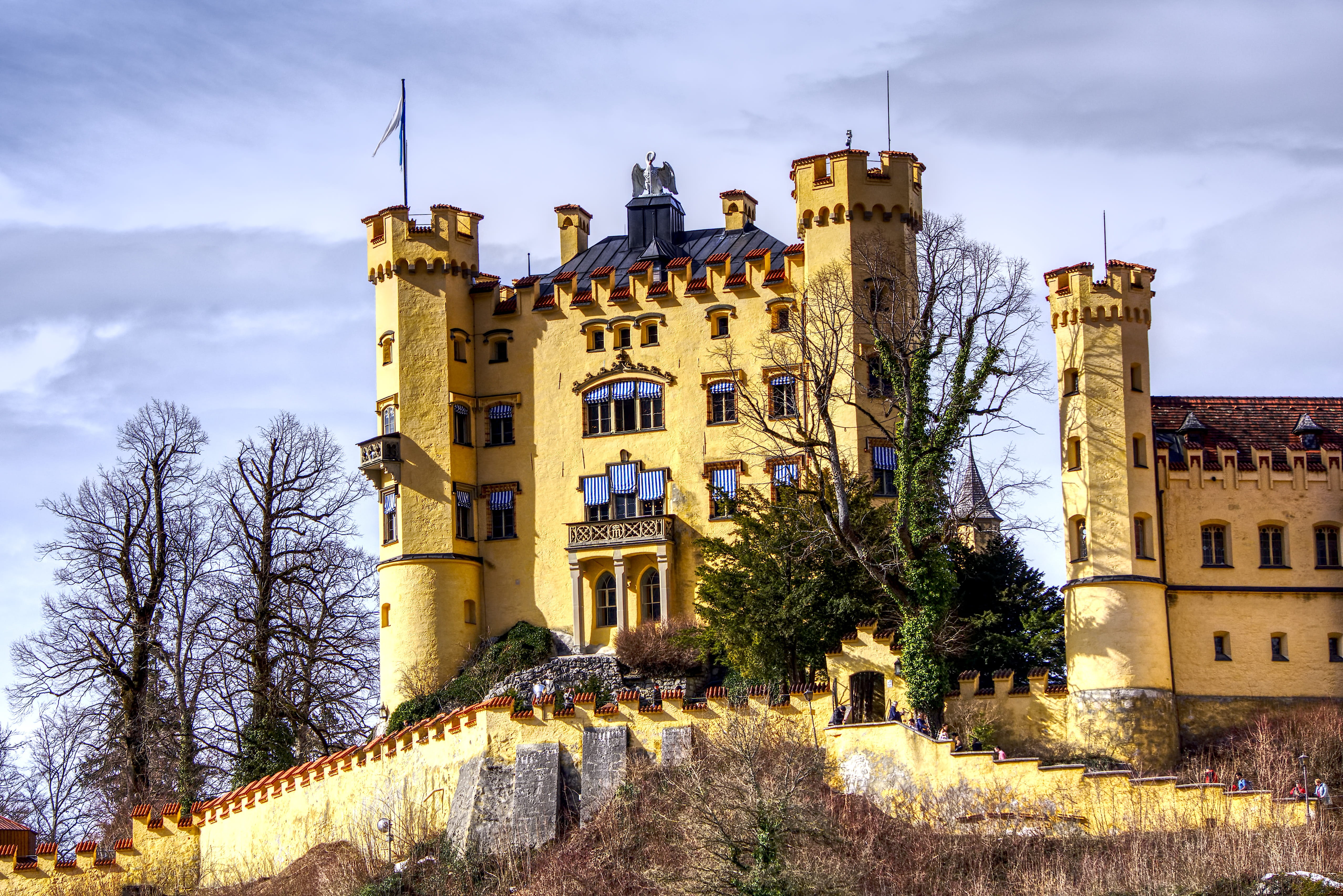 travel destinations, historically, building exterior, places of interest, tree, the past, hdr, baroque, fairy tales, cloud - sky, allgäu, hohenschwangau, HD Wallpaper
