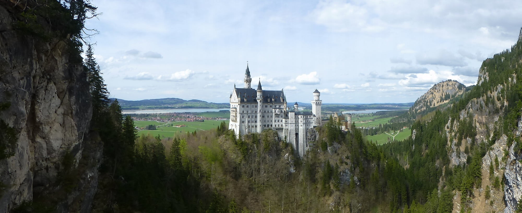 architecture, 1080P, built structure, forest, castle, no people, tower, chateau, nature, sky, travel, hohenschwangau, panorama, white, city, fairytale, HD Wallpaper