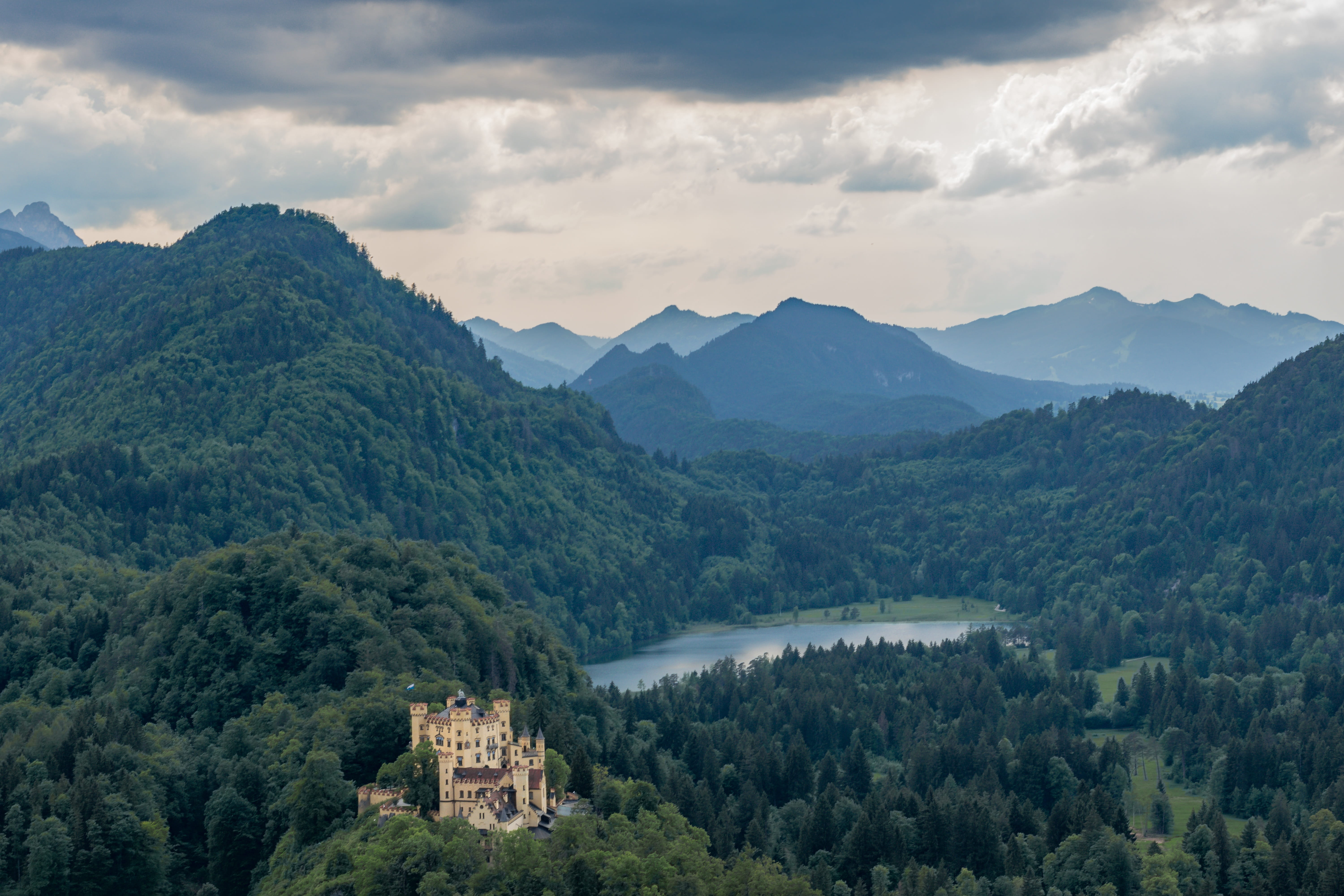 architecture, tree, alpine, fairy castle, nature, bavaria, cloud - sky, beauty in nature, no people, tranquil scene, water, outdoors, plant, landscape, HD Wallpaper