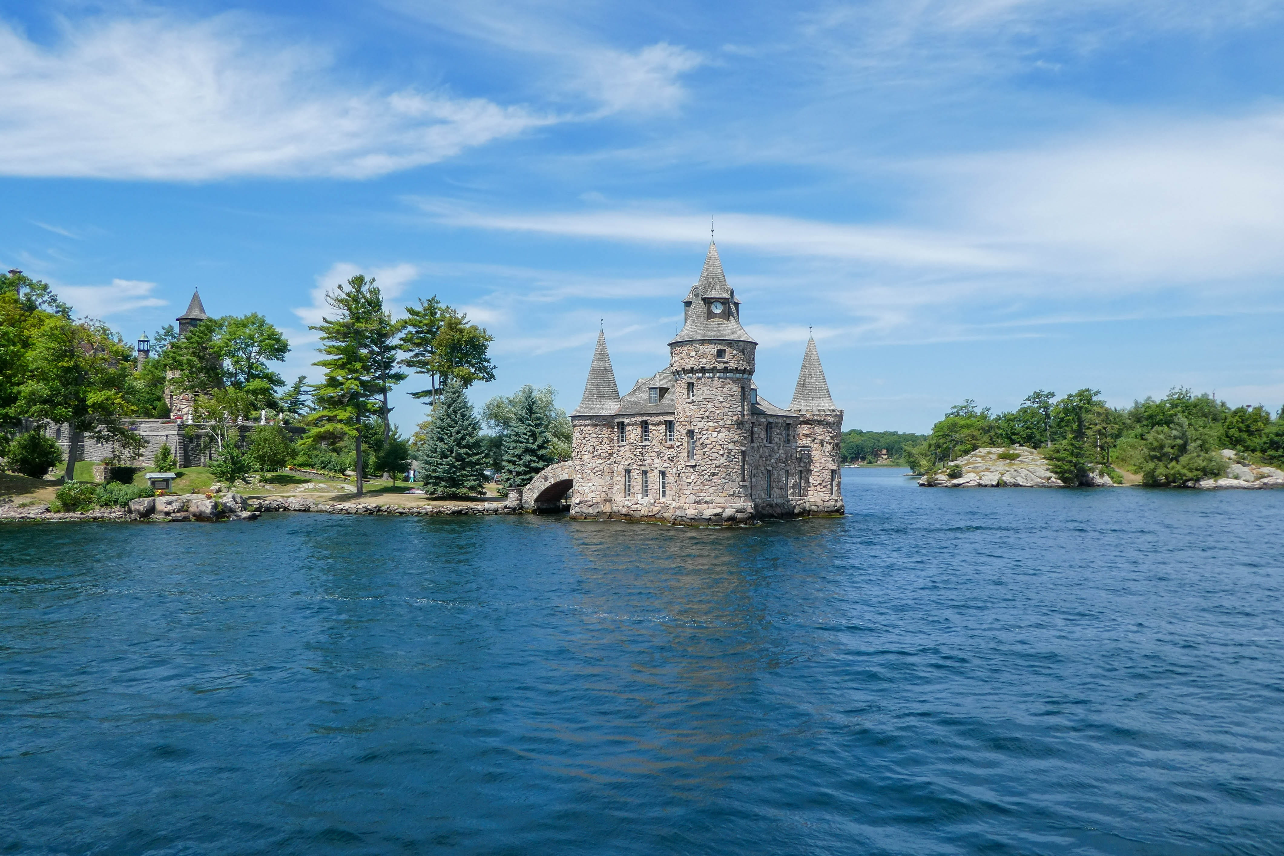 travel destinations, plant, border, waterfront, boldt castle, blue sky, castle, gray, canada, history, cloud - sky, built structure, boot, waters, beauty in nature, HD Wallpaper