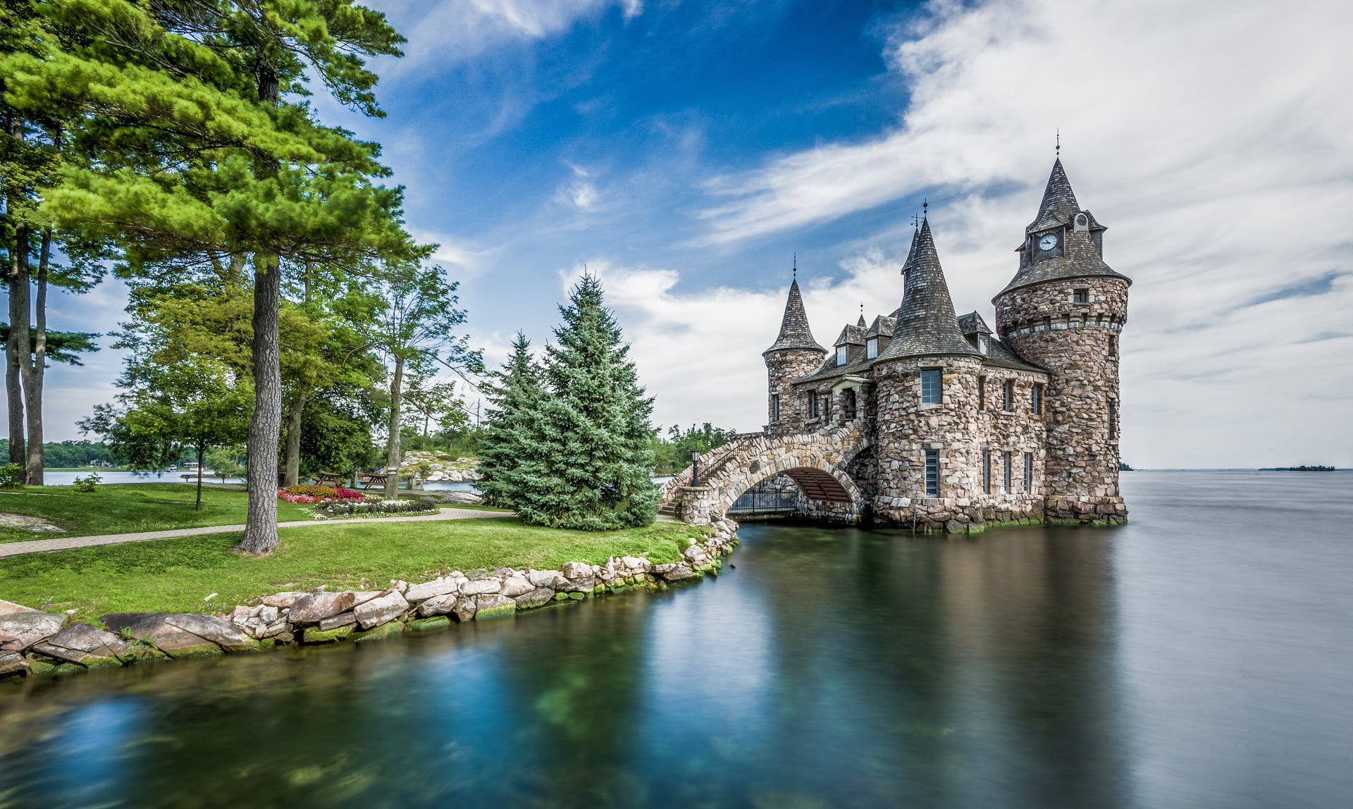 building exterior, water, waterfront, religion, abbey, 1080P, plant, built structure, building, history, tower, USA, lake, brown, island, Boldt Castle, HD Wallpaper