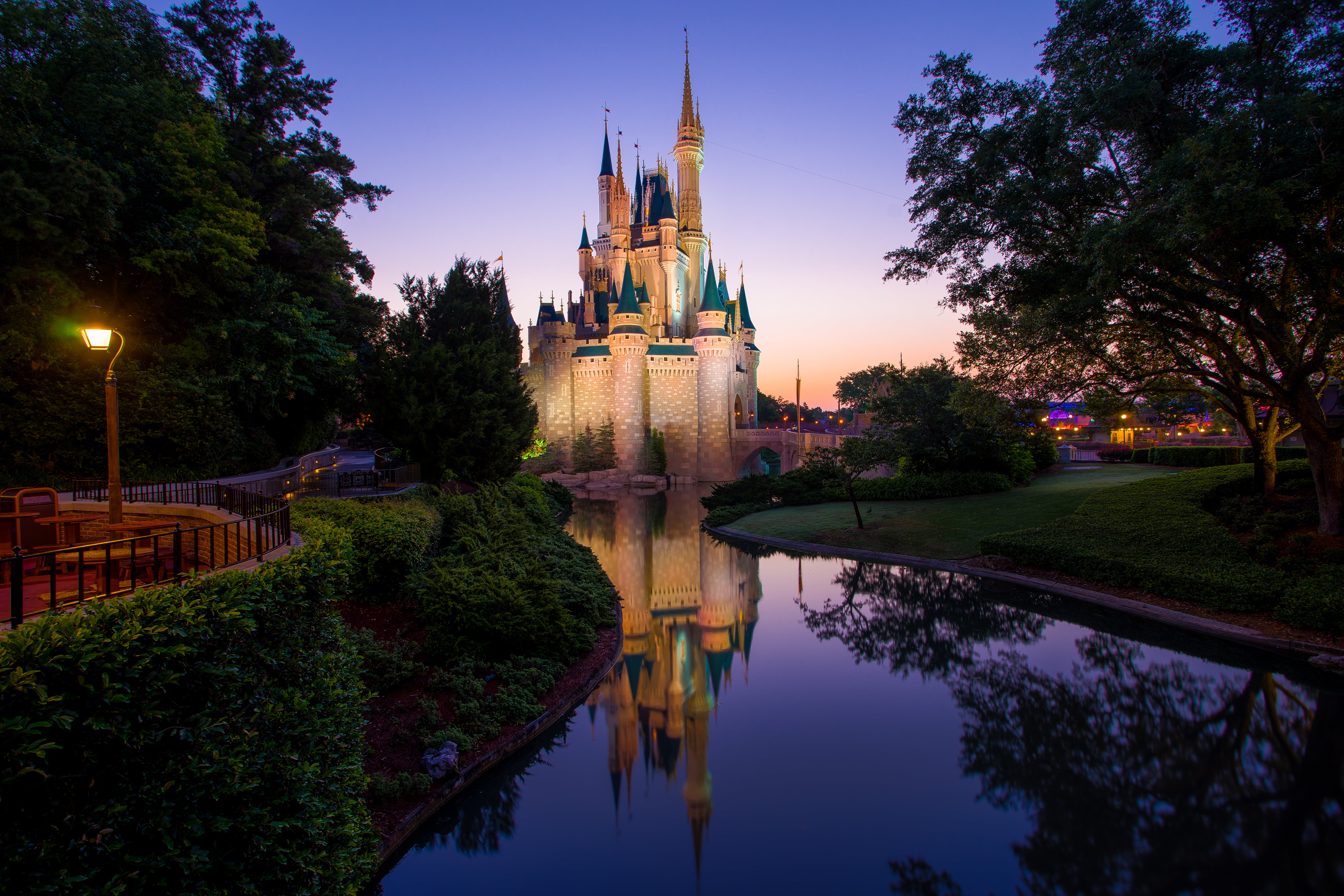 sky, Morning, Magic Kingdom, built structure, lake, reflection, architecture, plant, building, tree, no people, waterfront, religion, 5K, outdoors, HD Wallpaper