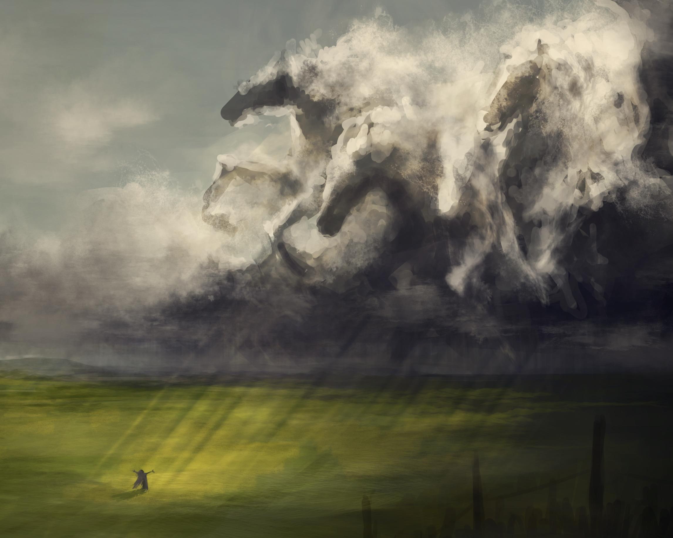 magic, cloud, rain, sky, 3d and abstract, painting, like, shape, horse, grass, 1080P, HD Wallpaper