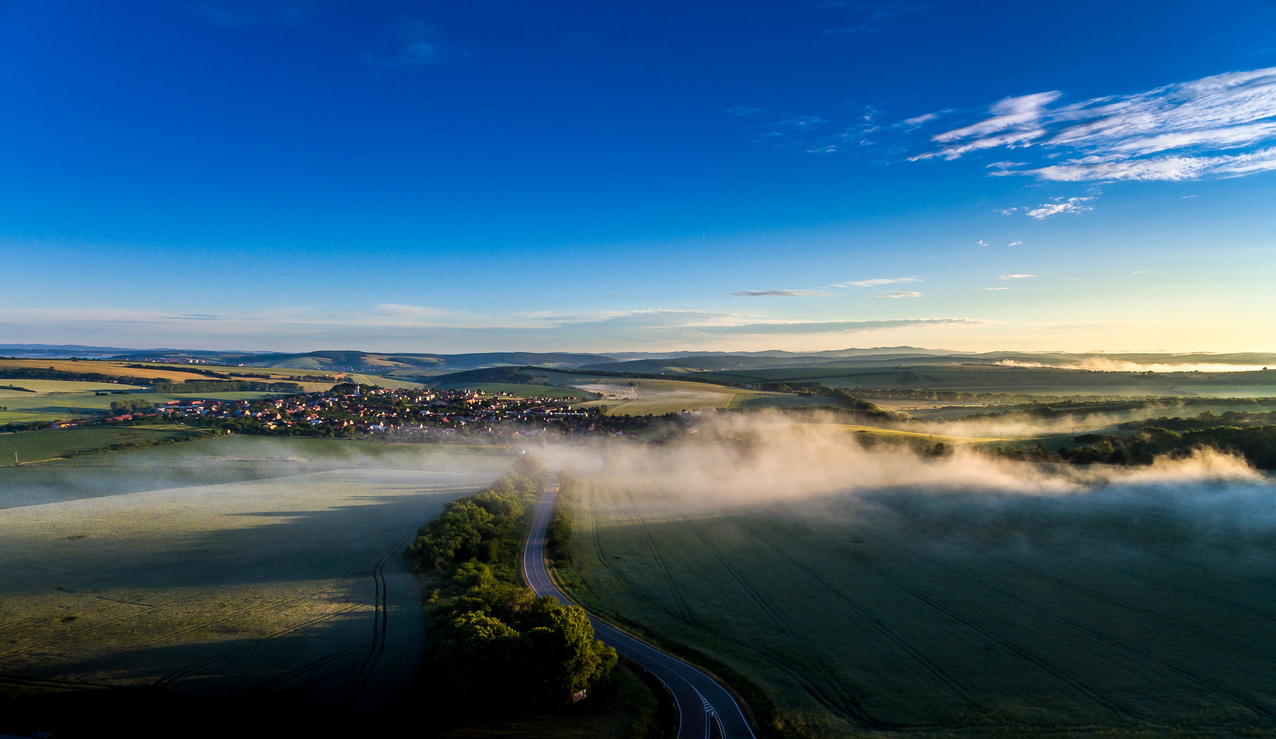 the sun, dawn, field, trees, fog, 1080P, Sucha Loz, road, panorama, home, Czech Republic, the sky, HD Wallpaper
