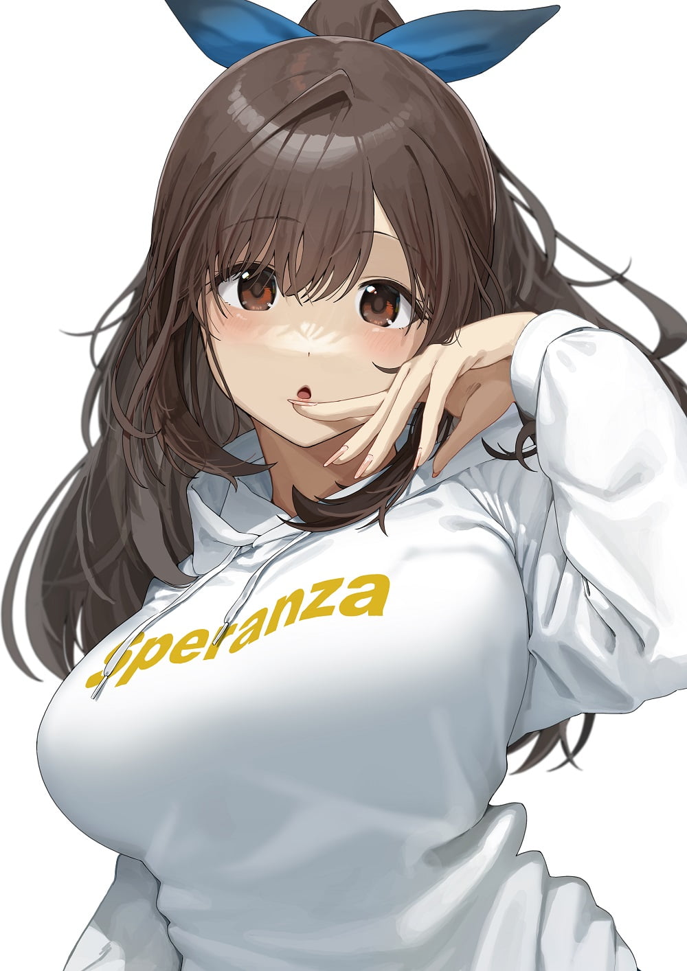 The Idolmaster: Shiny Colors, 720P, Noeru, brunette, simple background, blue ribbons, Kogane Tsukioka, Phone HD Wallpaper