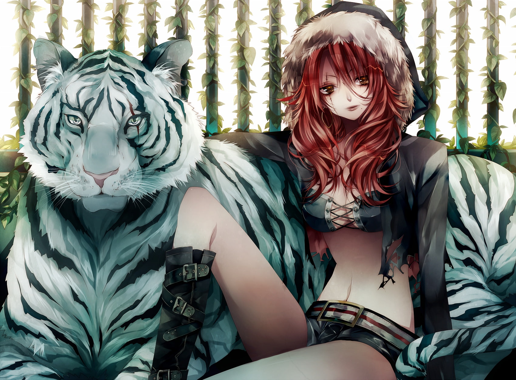 animal, ears, tsukiho, original, tiger, 720P, cleavage, boots, red, hair, tsukioka, HD Wallpaper