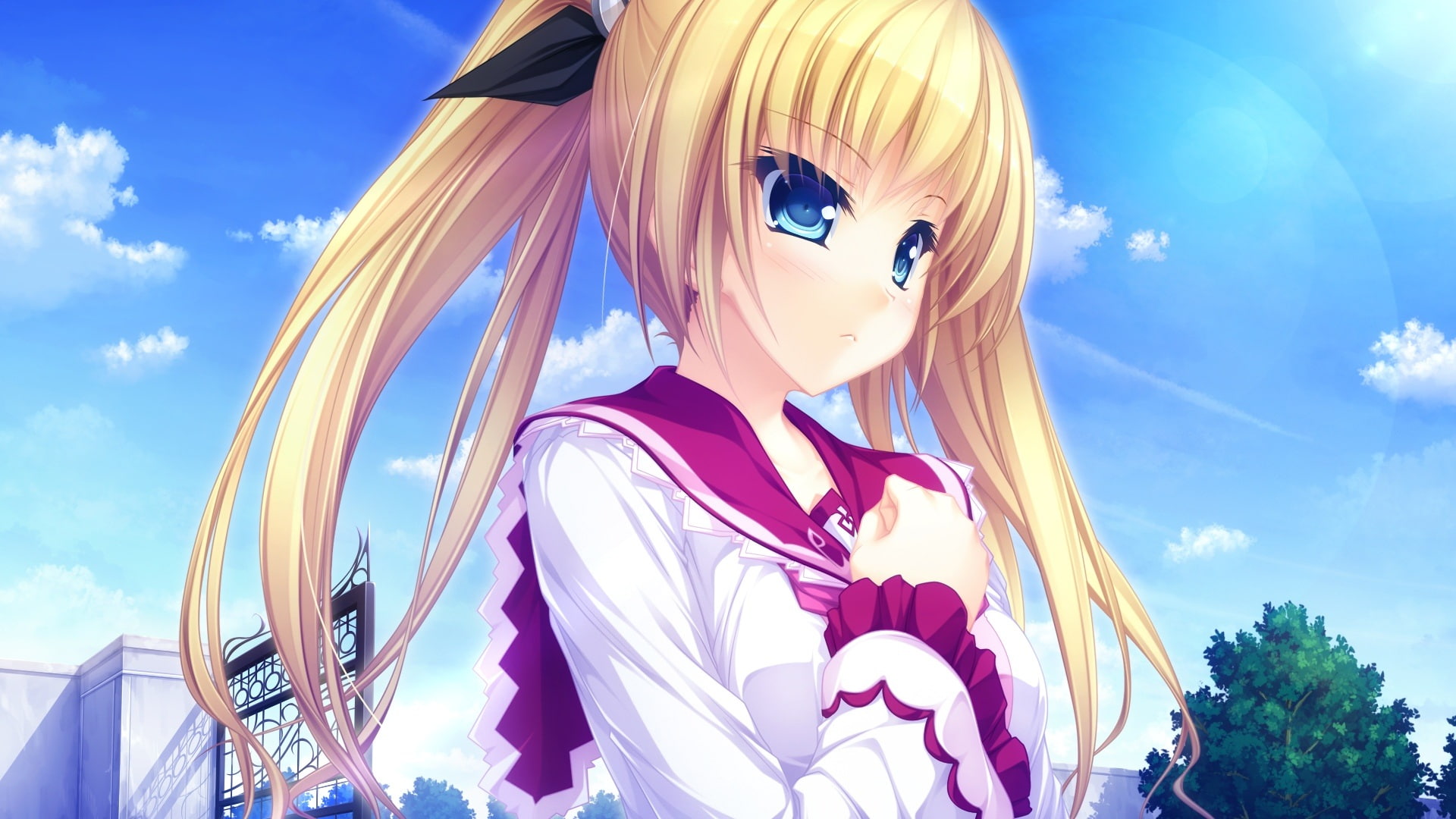seifuku, whirlpool, long, eyes, tree, tsukioka, usotsuki, sky, tenmaso, nayameru, blue, game, blonde, hair, ohime sama, ouji, twintails, 1080P, clouds, HD Wallpaper
