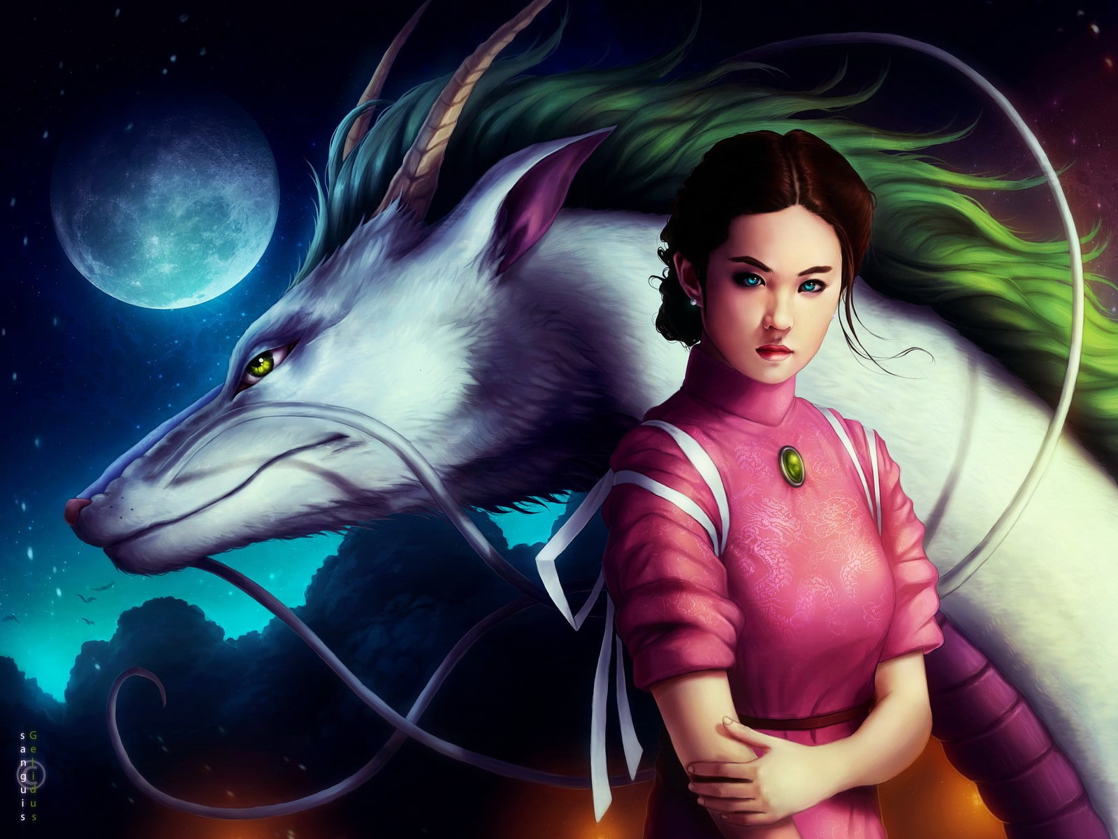eyes, spirited, ogino, blue, chihiro, moon, drake, artwork, ghibli, 720P, studio, brunettes, HD Wallpaper