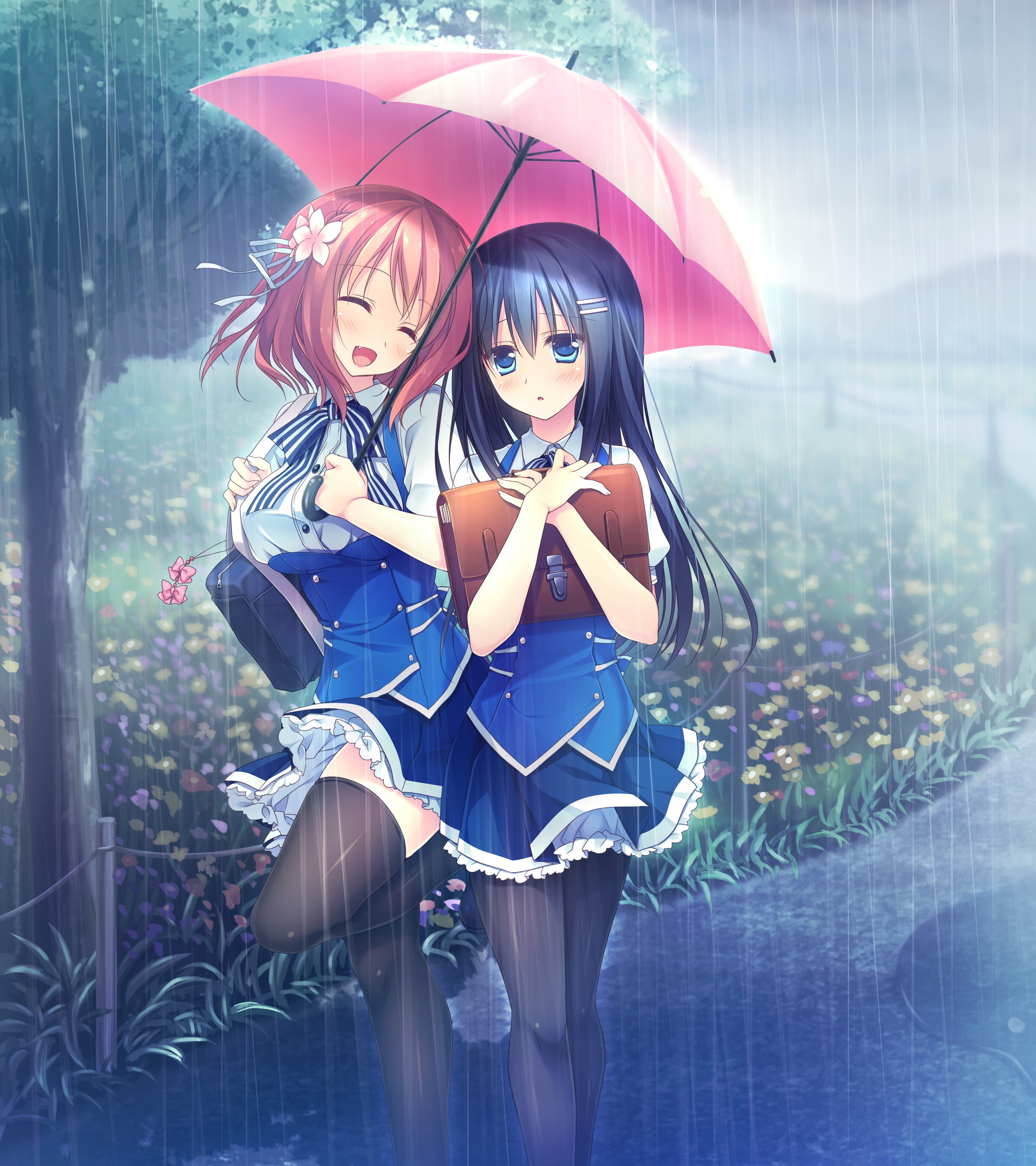 anime girls, school uniform, fashion, thigh-highs, wet, portrait, adult, emotion, beautiful woman, security, nature, females, anime, one person, flowers, Phone HD Wallpaper