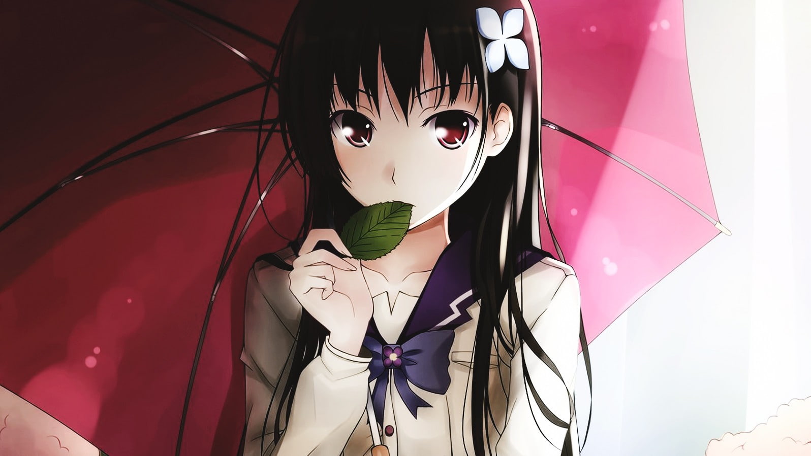 720P, anime girls, umbrella, simple background, leaves, Sankarea, Sanka Rea, hair ornament, black hair, anime, HD Wallpaper