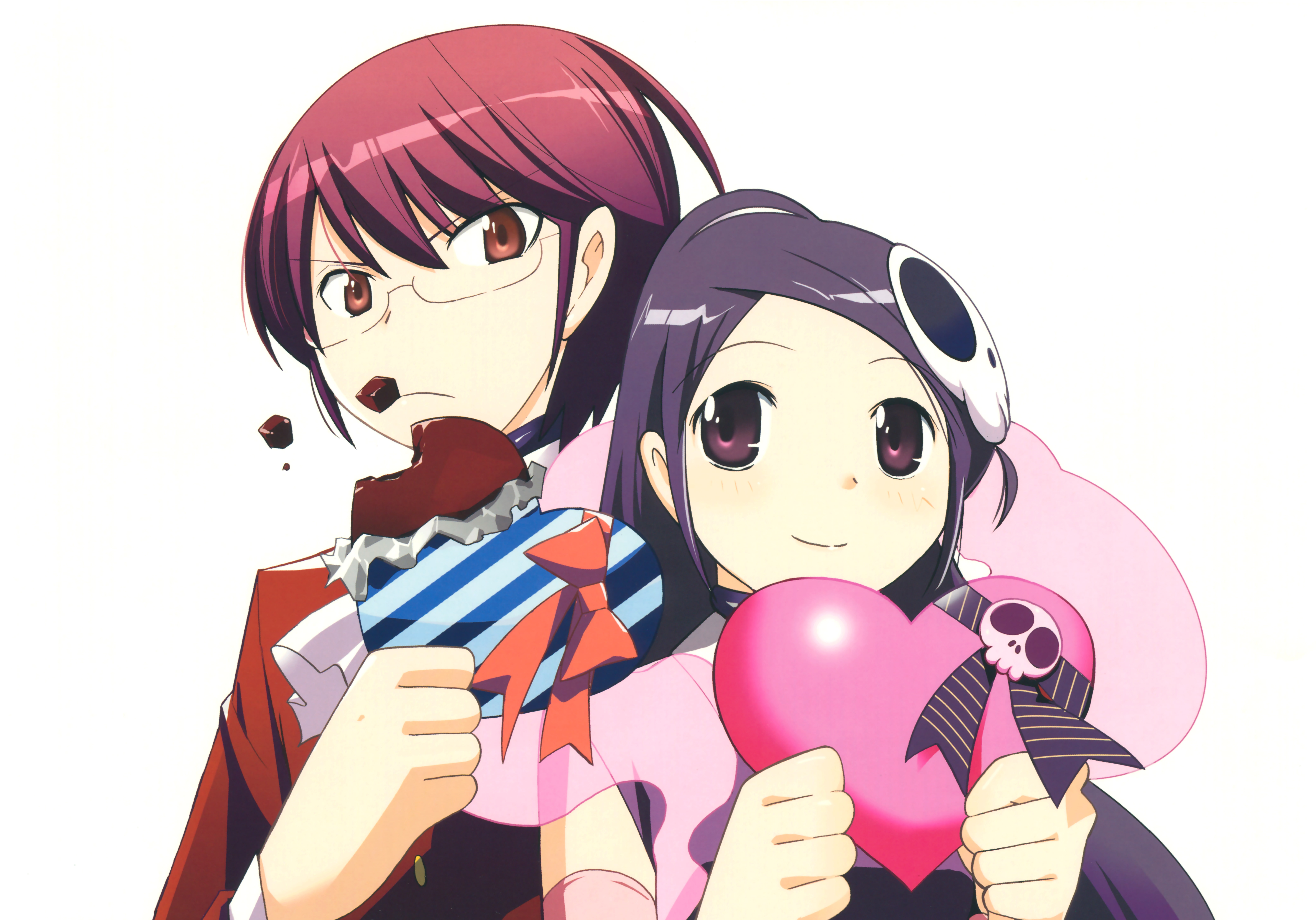 two people, long hair, headshot, The World Only God Knows, brunette, indoors, anime girls, Elucia de Lute Ima, Katsuragi Keima, white background, girls, HD Wallpaper