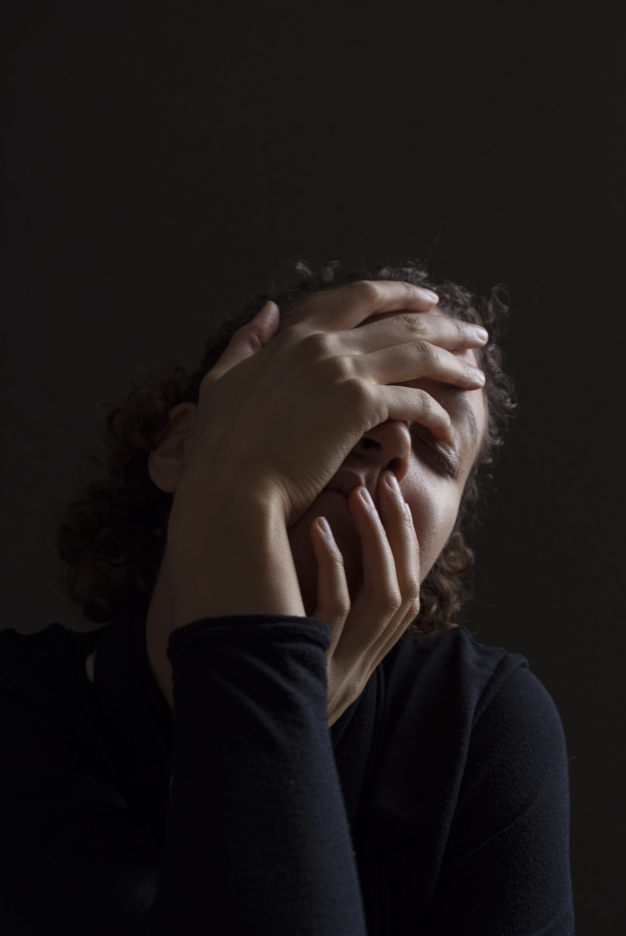 shadow self, darkness, emotion, black background, depression - sadness, despair, emotive, front view, sadness, eyes closed, dark, hands, human face, adult, Phone HD Wallpaper