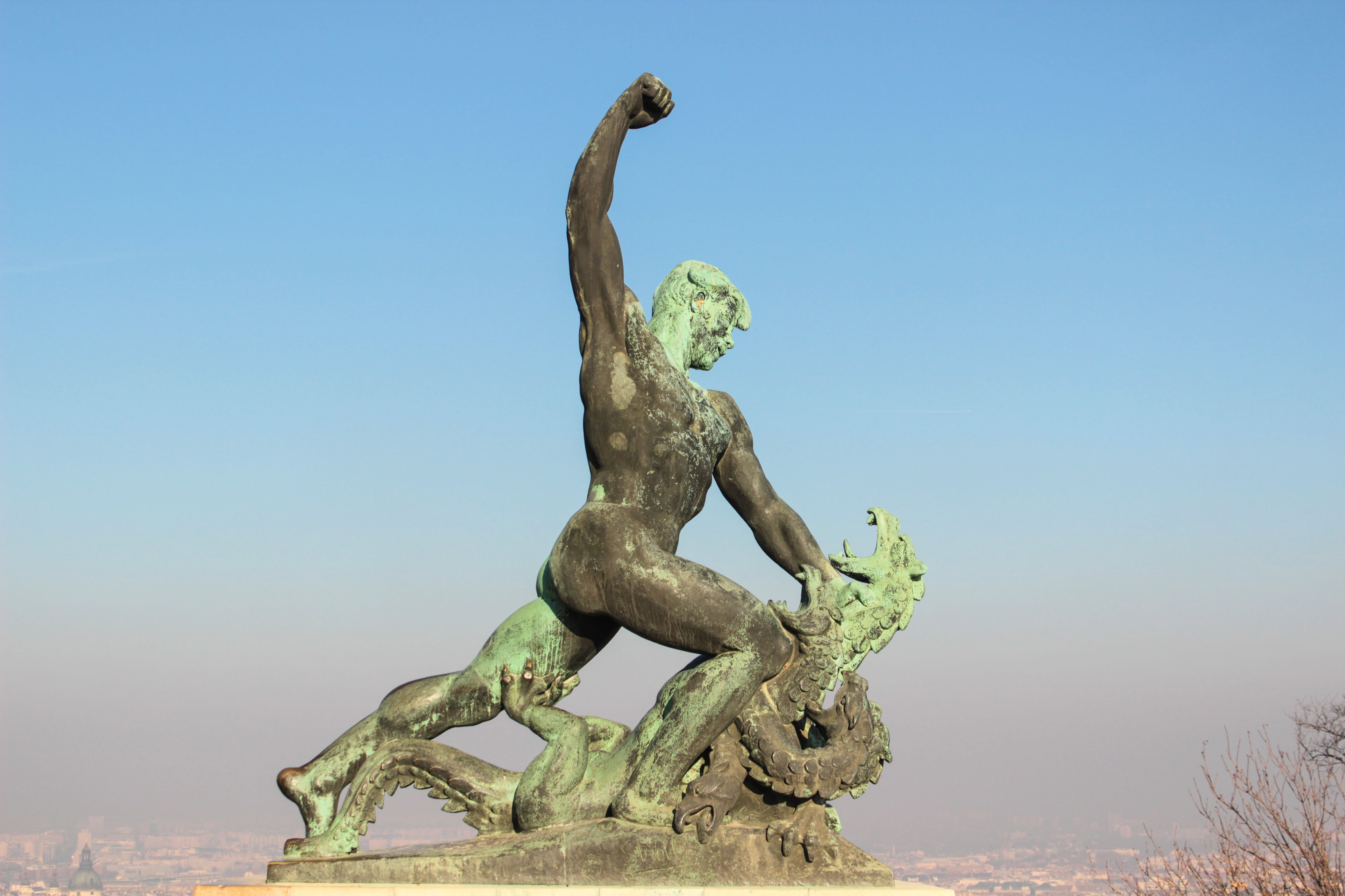 Statue, tourism, history, strength, creativity, grungy, blue, rusty, monument, tree, fight, old, bronze, clear sky, travel destinations, angel, day, representation, HD Wallpaper