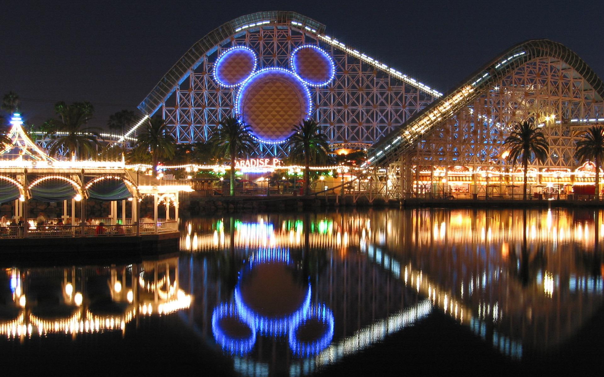 mickey, mouse, nature and landscapes, disneyl, 1080P, led, disneyland, park, night, light, amusement, HD Wallpaper