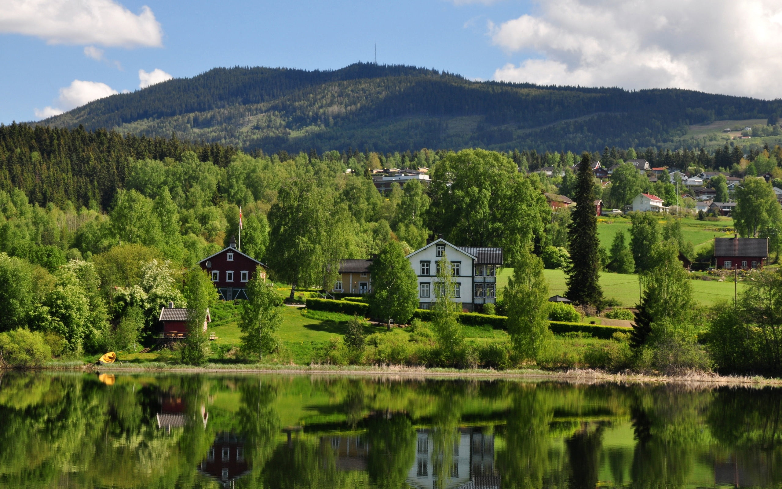 houses, wood - Material, idyllic, mountain, europe, scenics - nature, architecture, nature, house, summer, town, reflection, water, outdoors, village, lake, HD Wallpaper