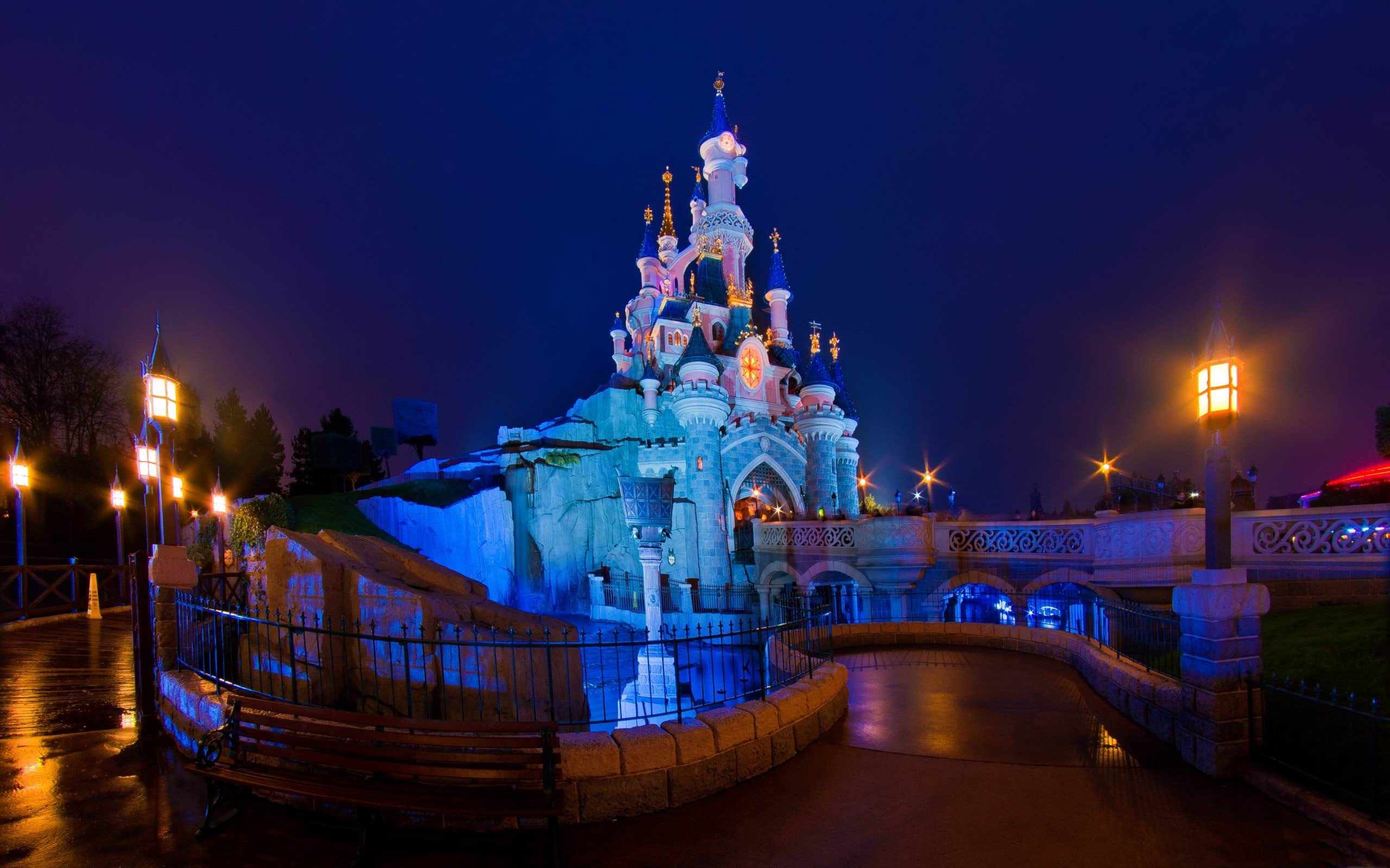 city, illuminated, street, night, beauty, place of worship, sleeping, wallp, nature, disney, no people, building, built structure, water, hd, 2K, cityscape, HD Wallpaper