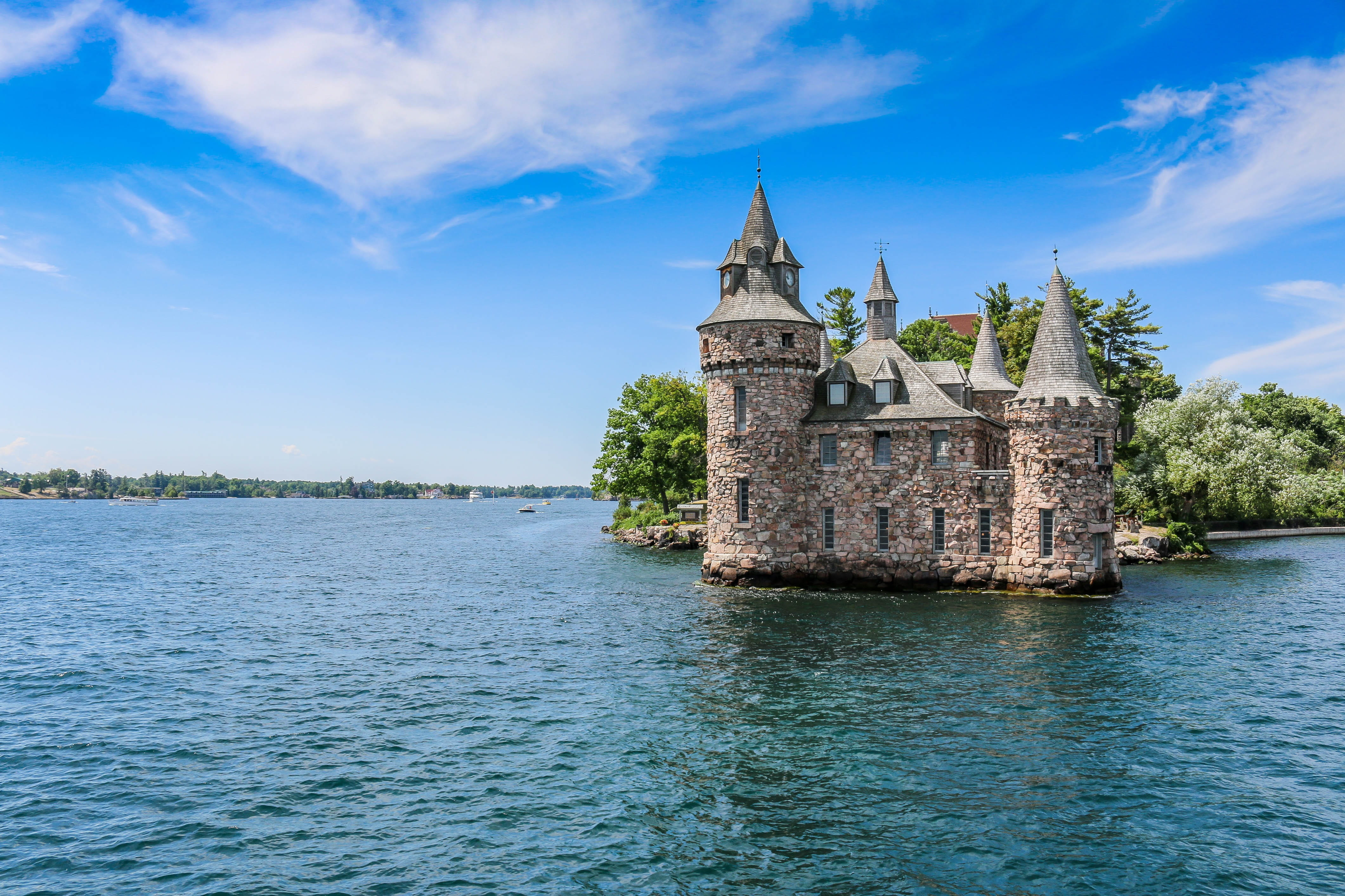 island, castle, brown, usa, tower, outdoors, water, cloud - sky, architecture, body, waters, sky, river landscape, ancient, building, river, national park, HD Wallpaper