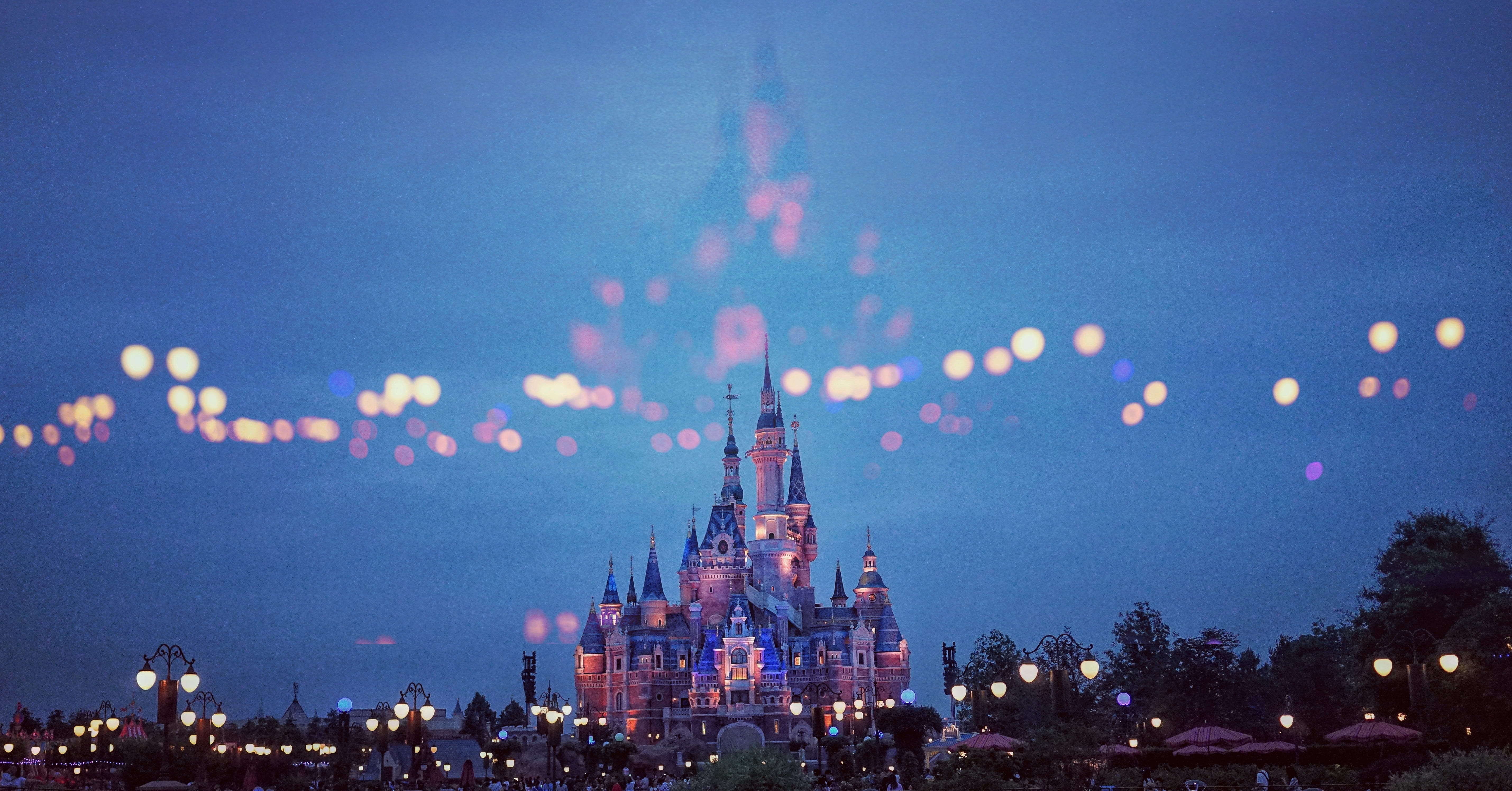 no people, castle, illuminated, skyscraper, travel destinations, painting, built structure, spire, evening, disney, tower, place of worship, traditional design, HD Wallpaper