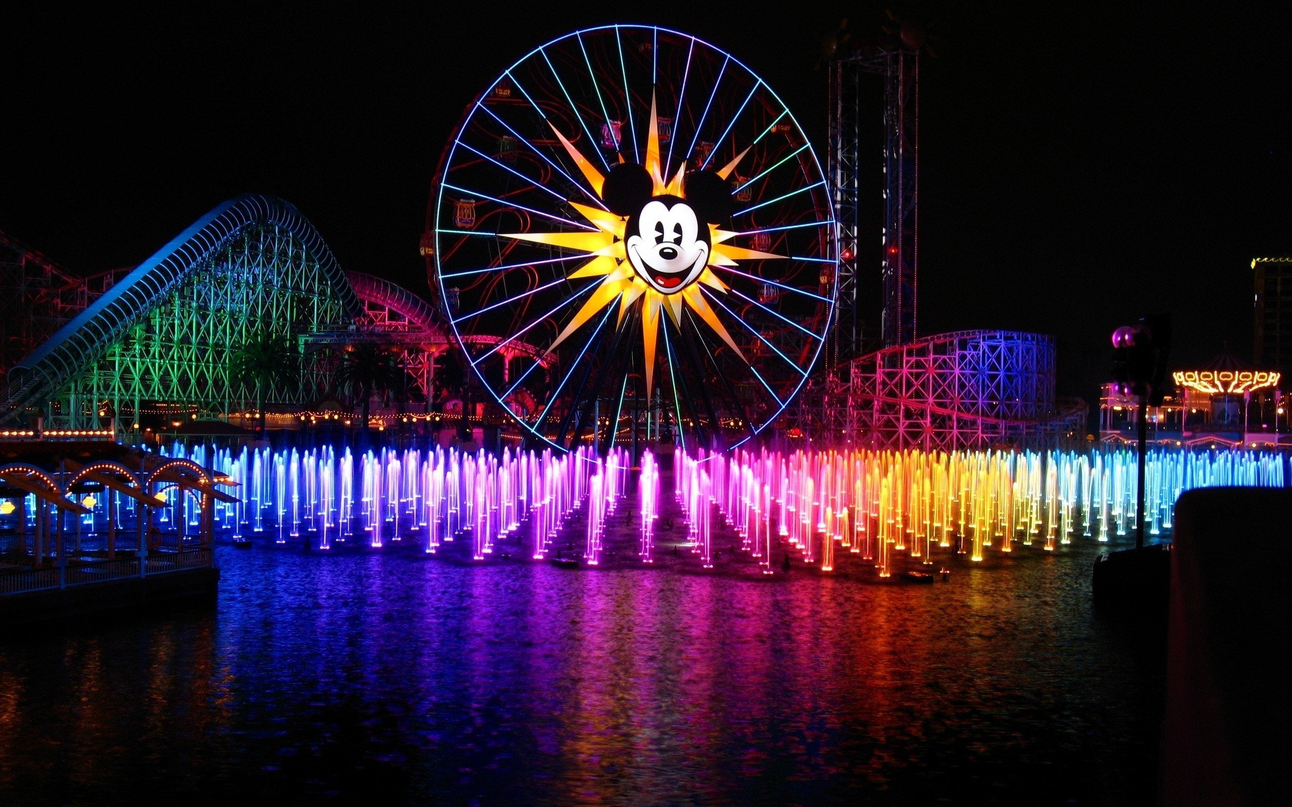 city, amusement park ride, arts culture and entertainment, travel destinations, outdoors, building exterior, built structure, multi colored, disney, waterfront, HD Wallpaper