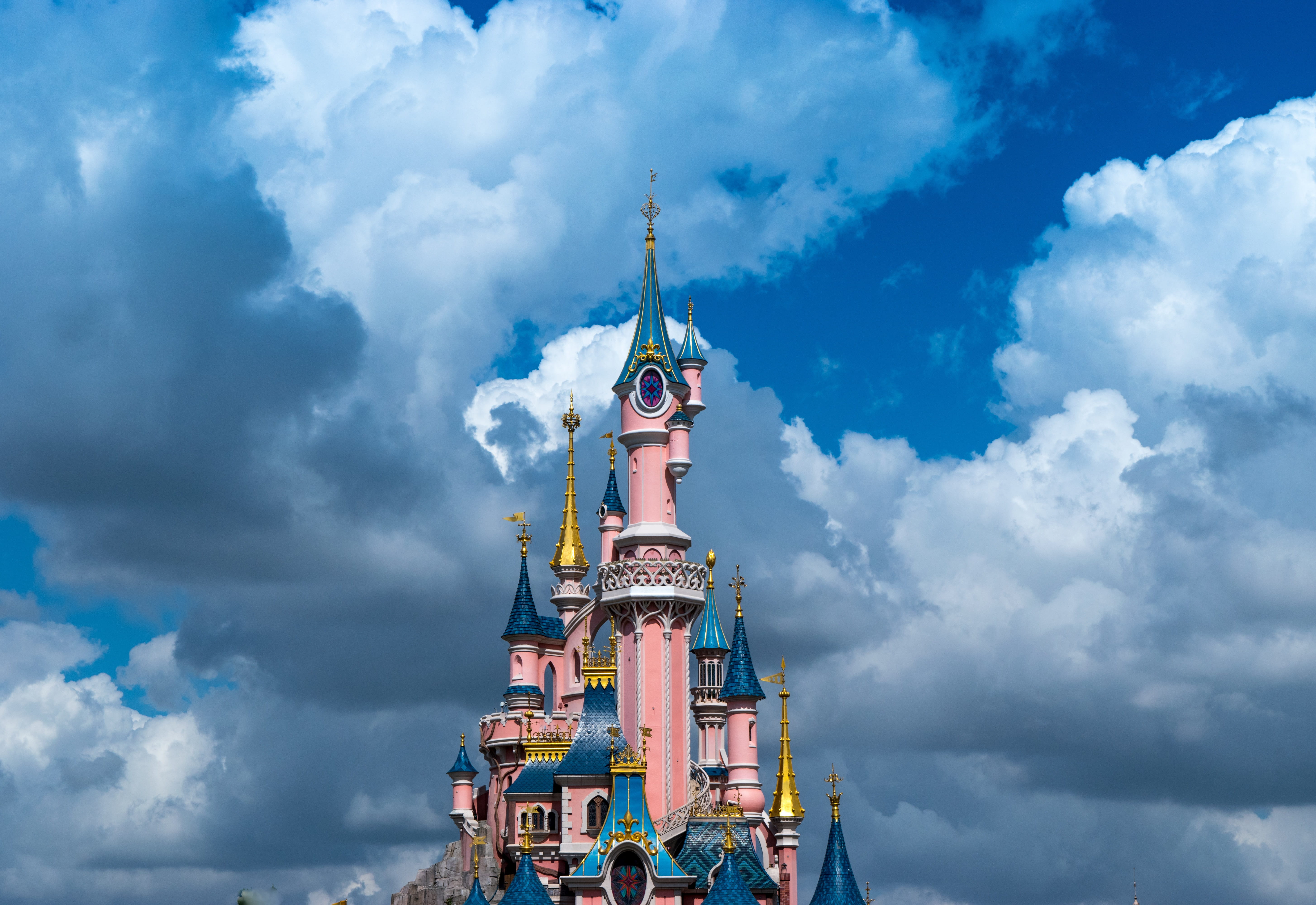 spire, cloudy, delusion, religion, building, outdoors, built structure, disney, low angle view, people, castle, place of worship, blue, building exterior, HD Wallpaper