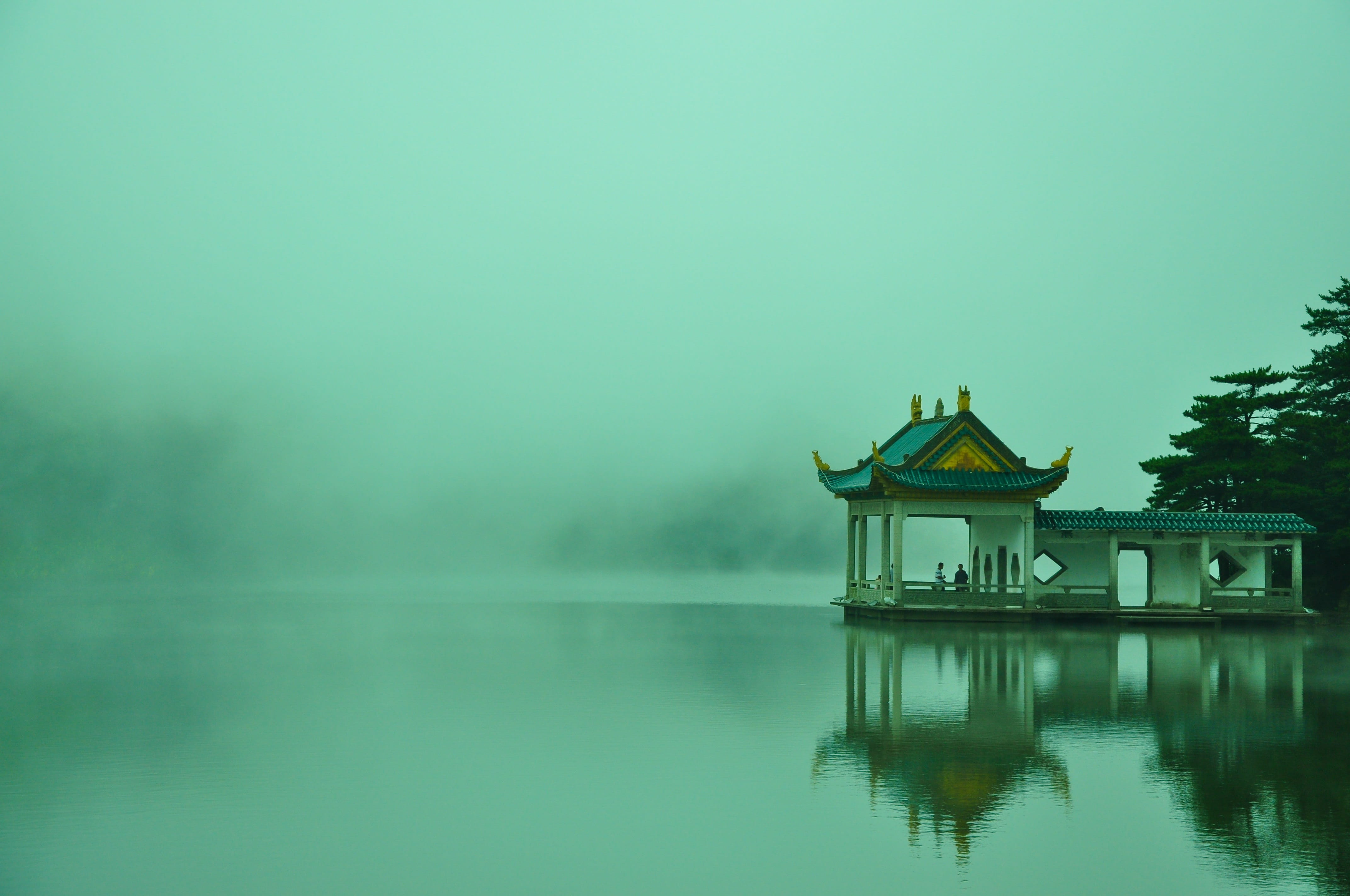 tranquility, building exterior, no people, copy space, architecture, outdoors, china, religion, such as the piano lake, 4K, lake, landscape, pavilion, HD Wallpaper