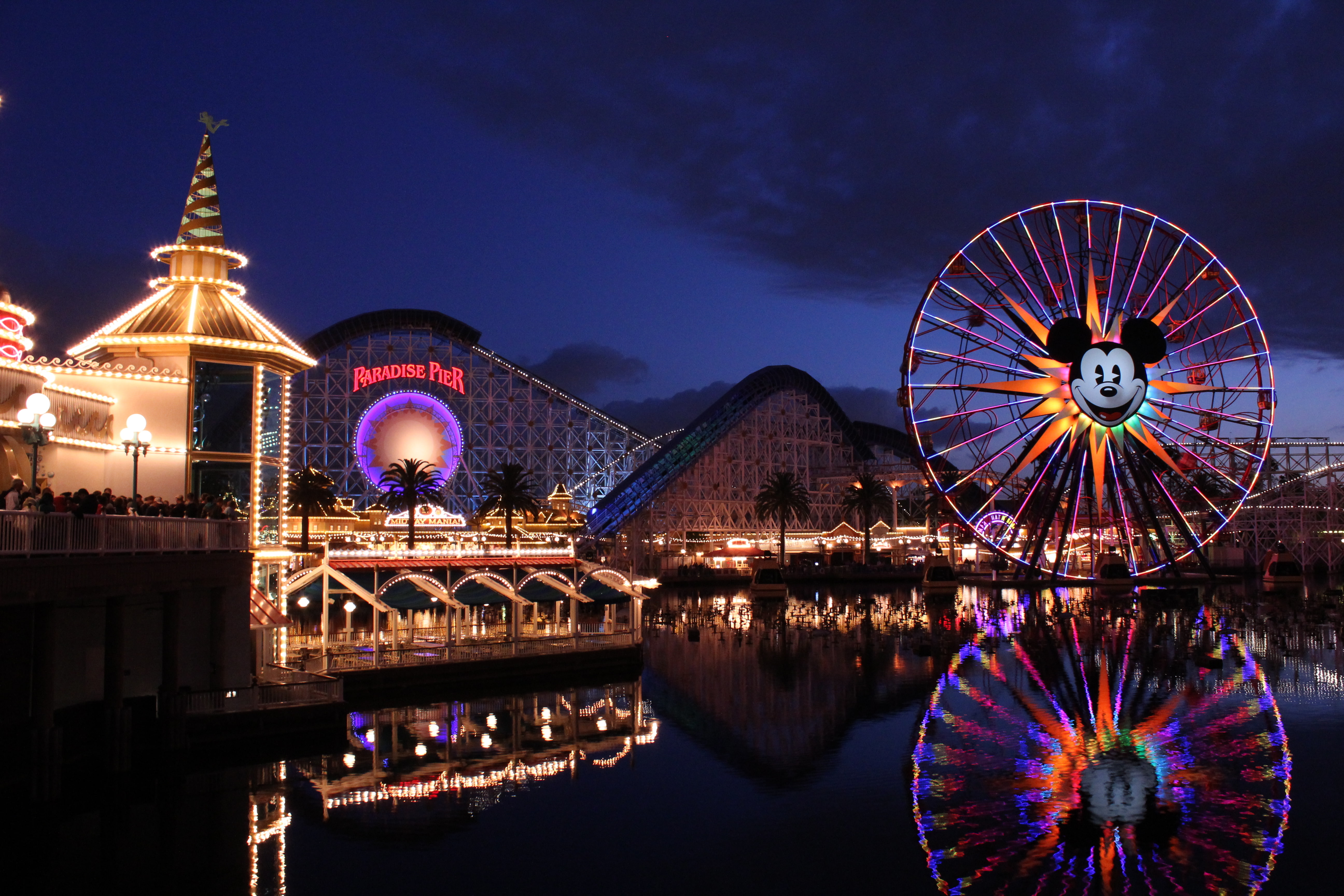 Amusement Park, California, Light, Roller Coaster, 5K, Night, Disney, Reflection, Disneyland, Ferris Wheel, HD Wallpaper