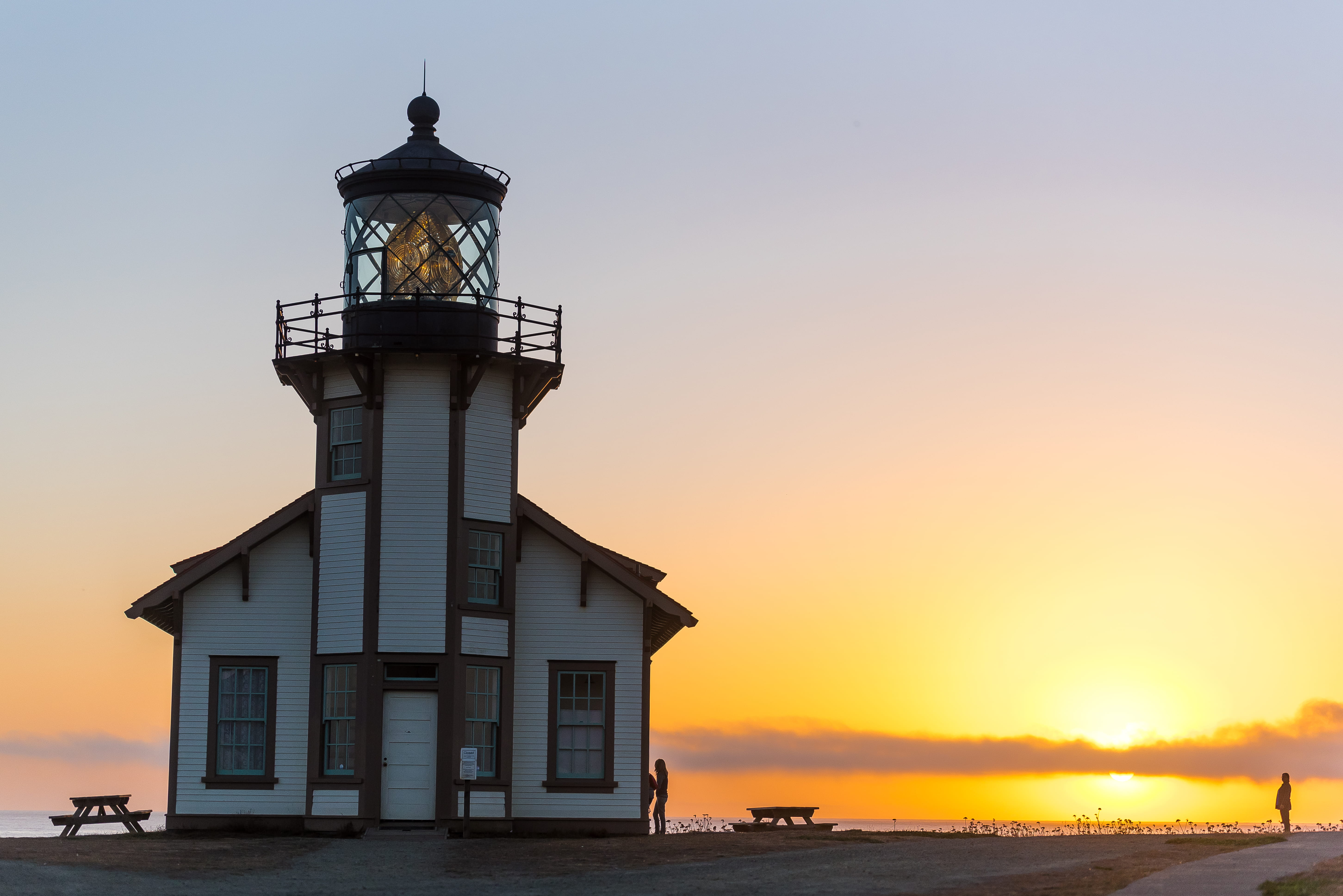 tower, building exterior, outdoors, horizon over water, coast, united states, lighthouse, landscape, ocean, land, architecture, beach, california, orange color, HD Wallpaper