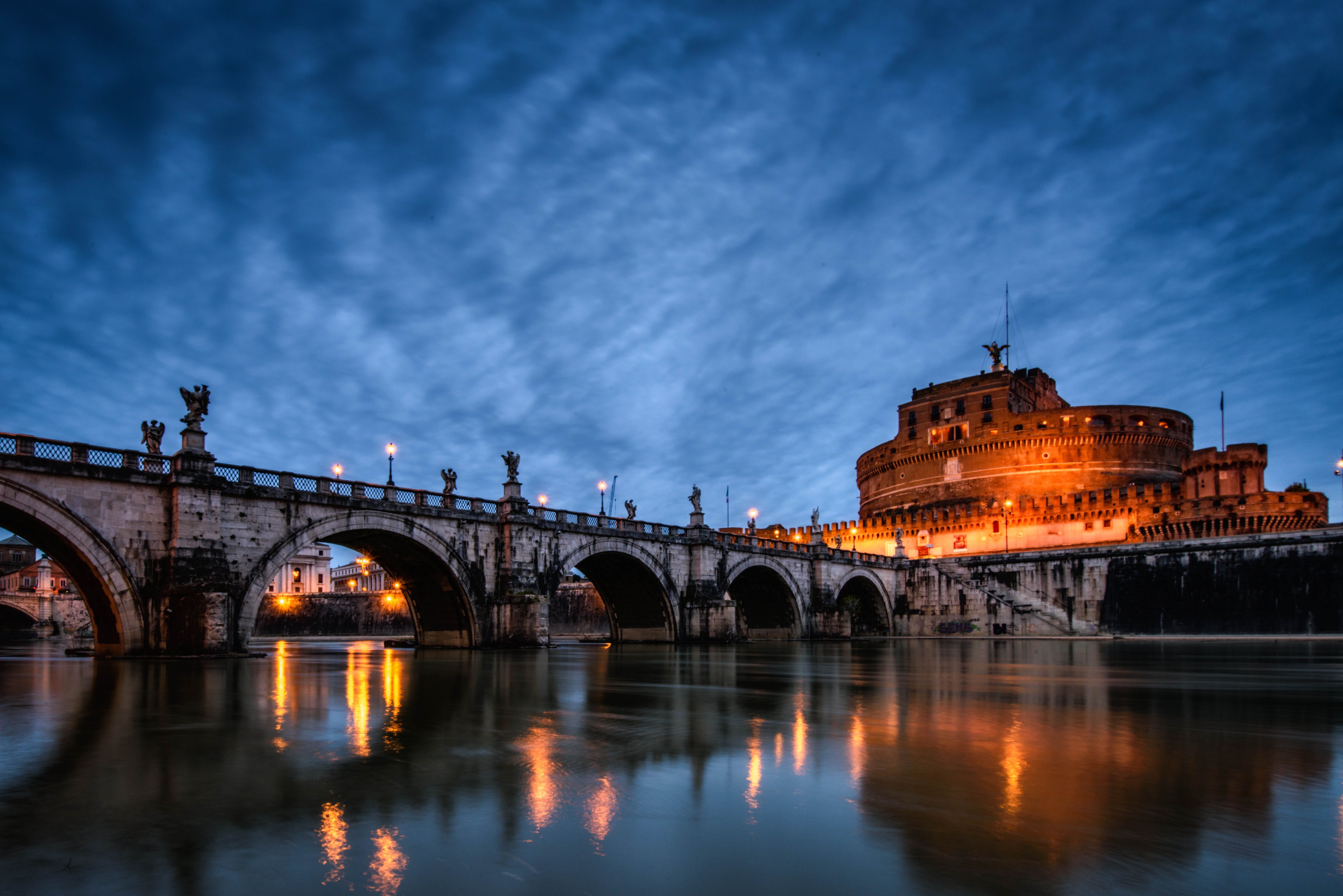 Dawn, brown, water, dusk, reflection, europe, cloudy, history, river, Ponte SantAngelo, Travel, cityscape, River Tiber, bridge - Man Made Structure, twilight, HD Wallpaper
