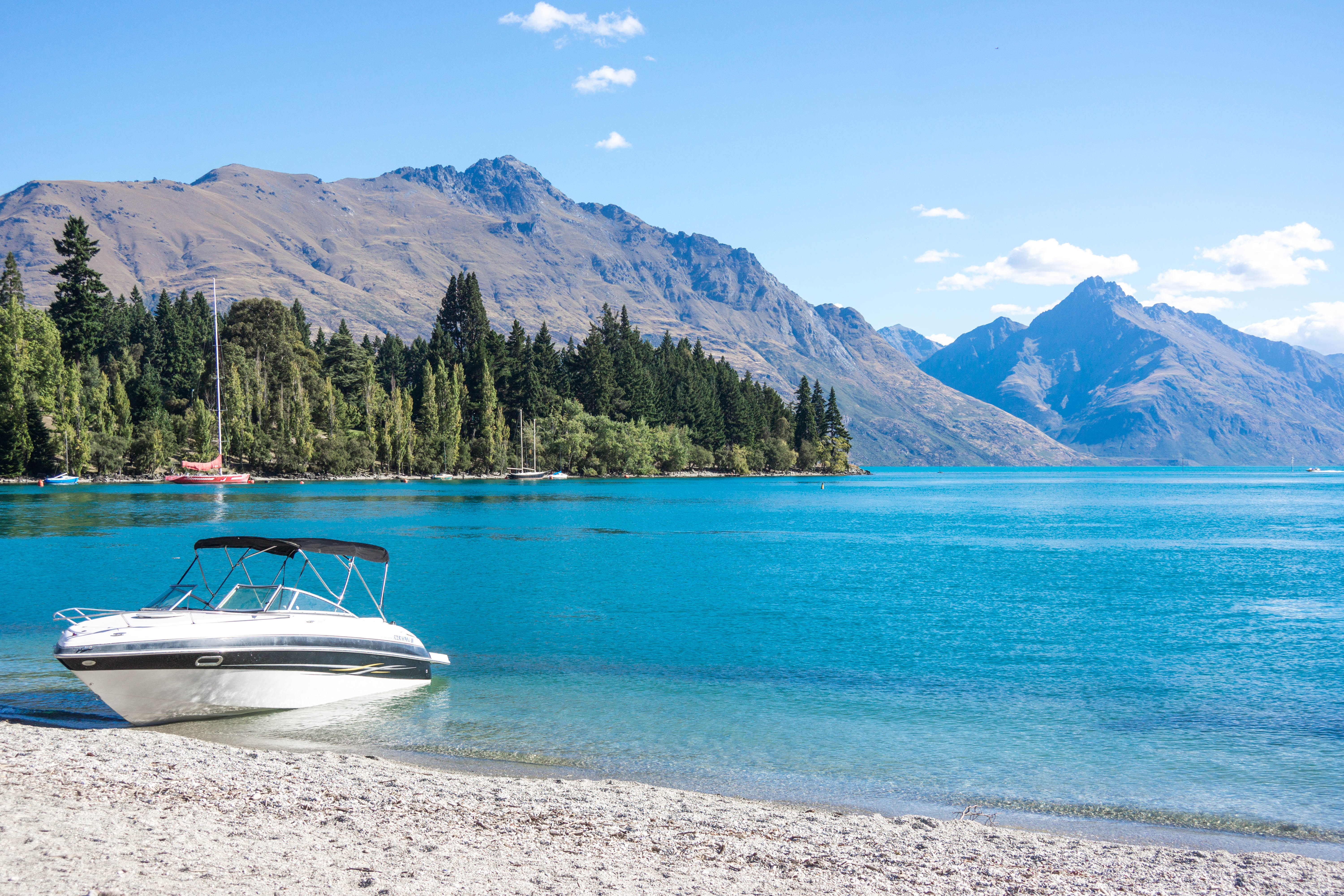 daytime, beauty in nature, shore, scenery, no people, 5K, Queenstown, wakatipu, white, sky, scenics, New Zealand, mountain range, tranquil scene, transportation, HD Wallpaper