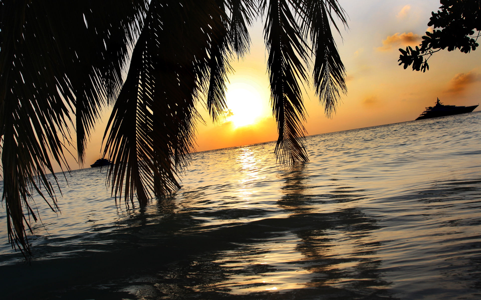 Bandos, the sky, Island, 1080P, Bandos island, sea, stay, Maldives, sunset, the sun, yachts, palm trees, The Maldives, HD Wallpaper