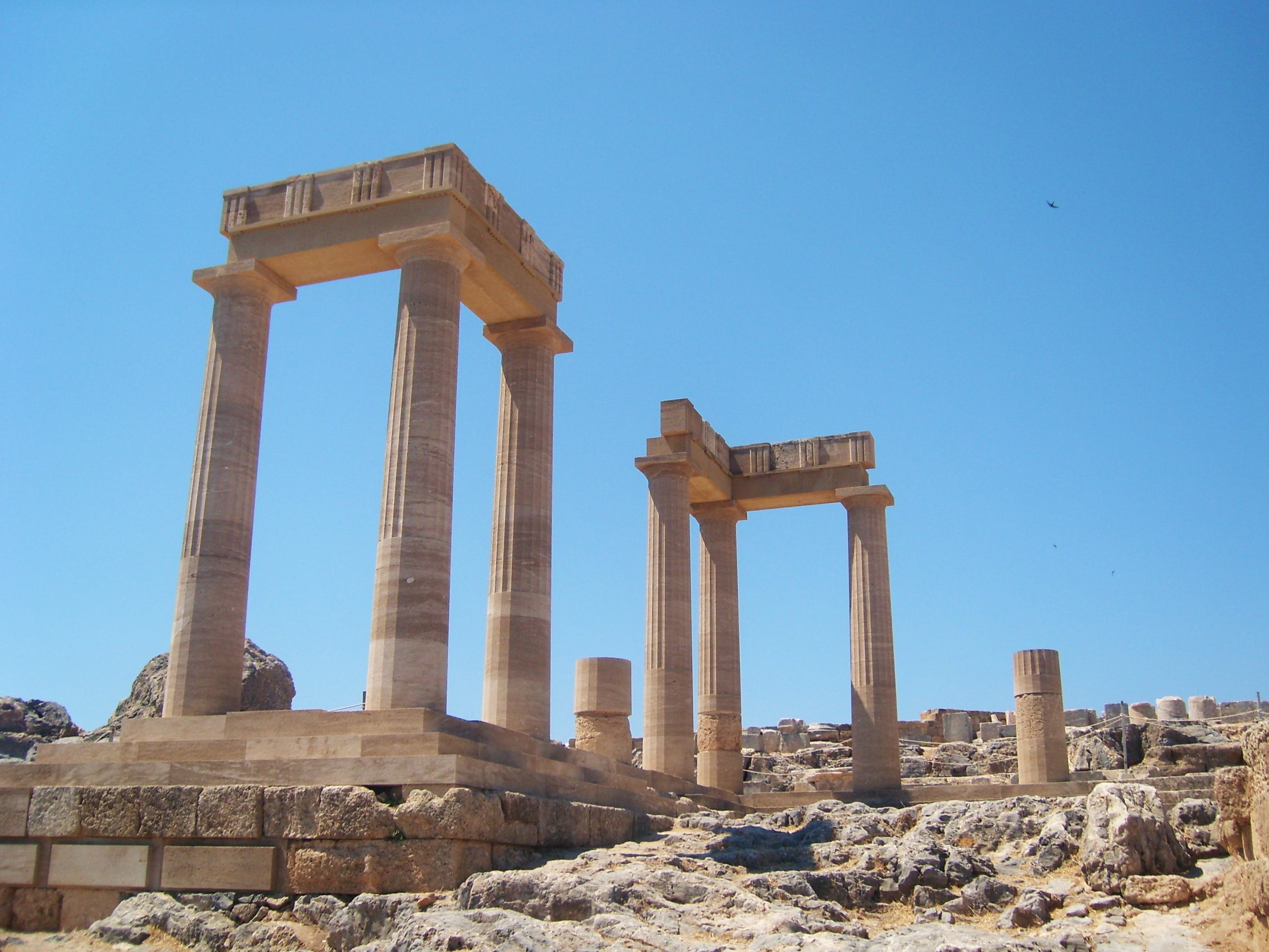 travel destinations, ground, clear sky, blue, pillars, holiday, antique, rhodes, tourism, greek antiquity, 2K, old ruin, ruined, architecture, place of worship, HD Wallpaper
