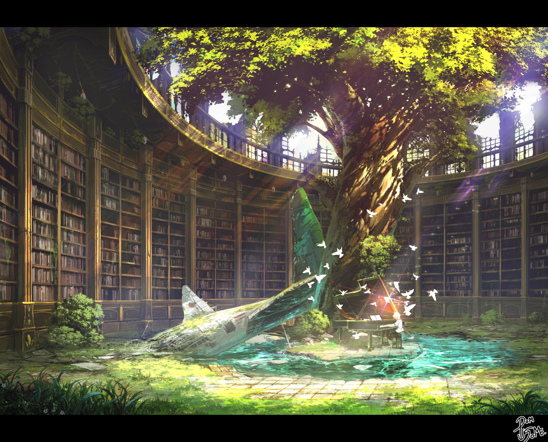 Tree, Piano, Library, Anime, 1080P, Original, Ruin, HD Wallpaper