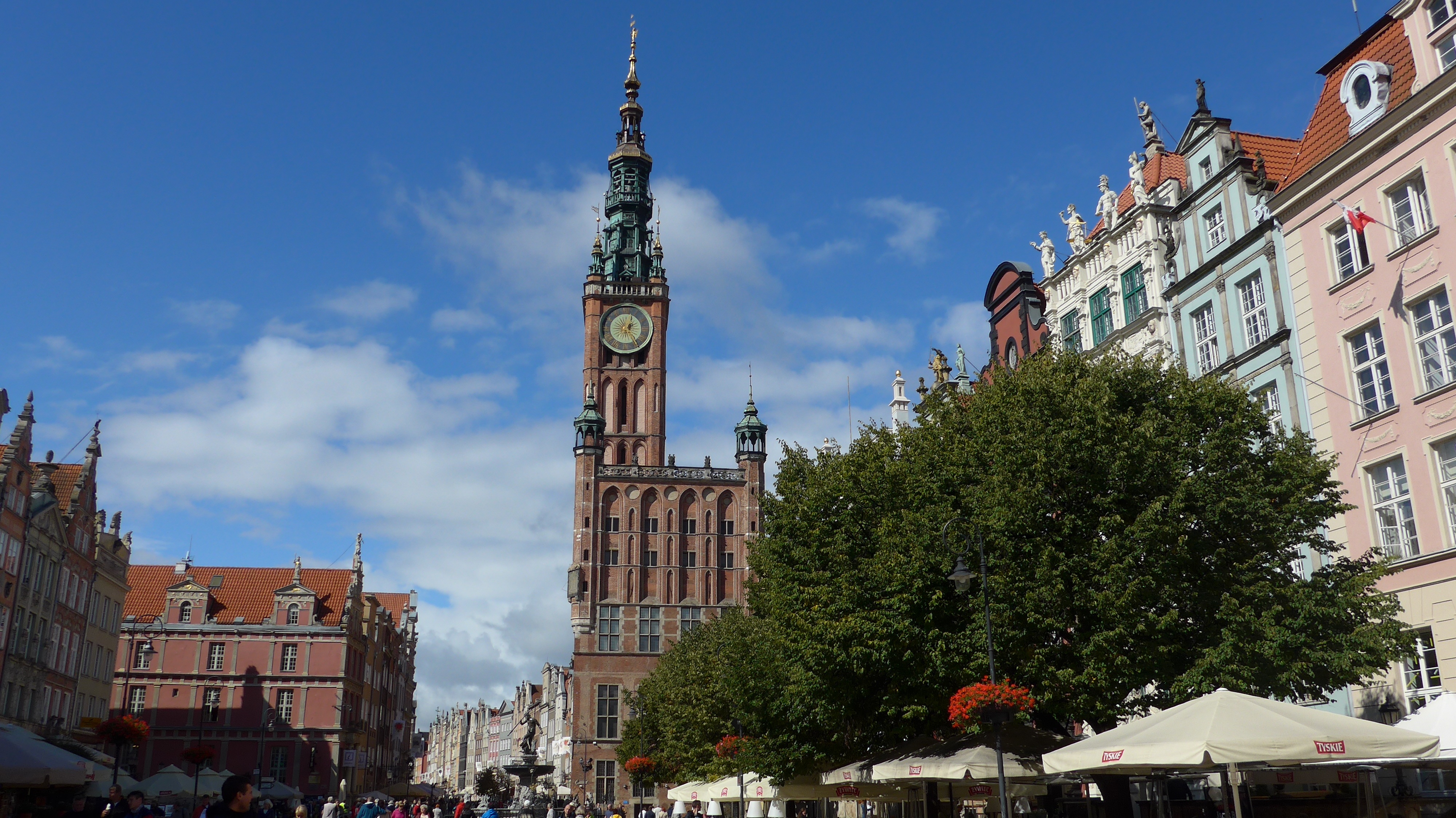 town hall, old buildings, historical, clock tower, gdańsk, spire, outdoors, incidental people, architecture, history, clock, tower, street, religion, building exterior, HD Wallpaper