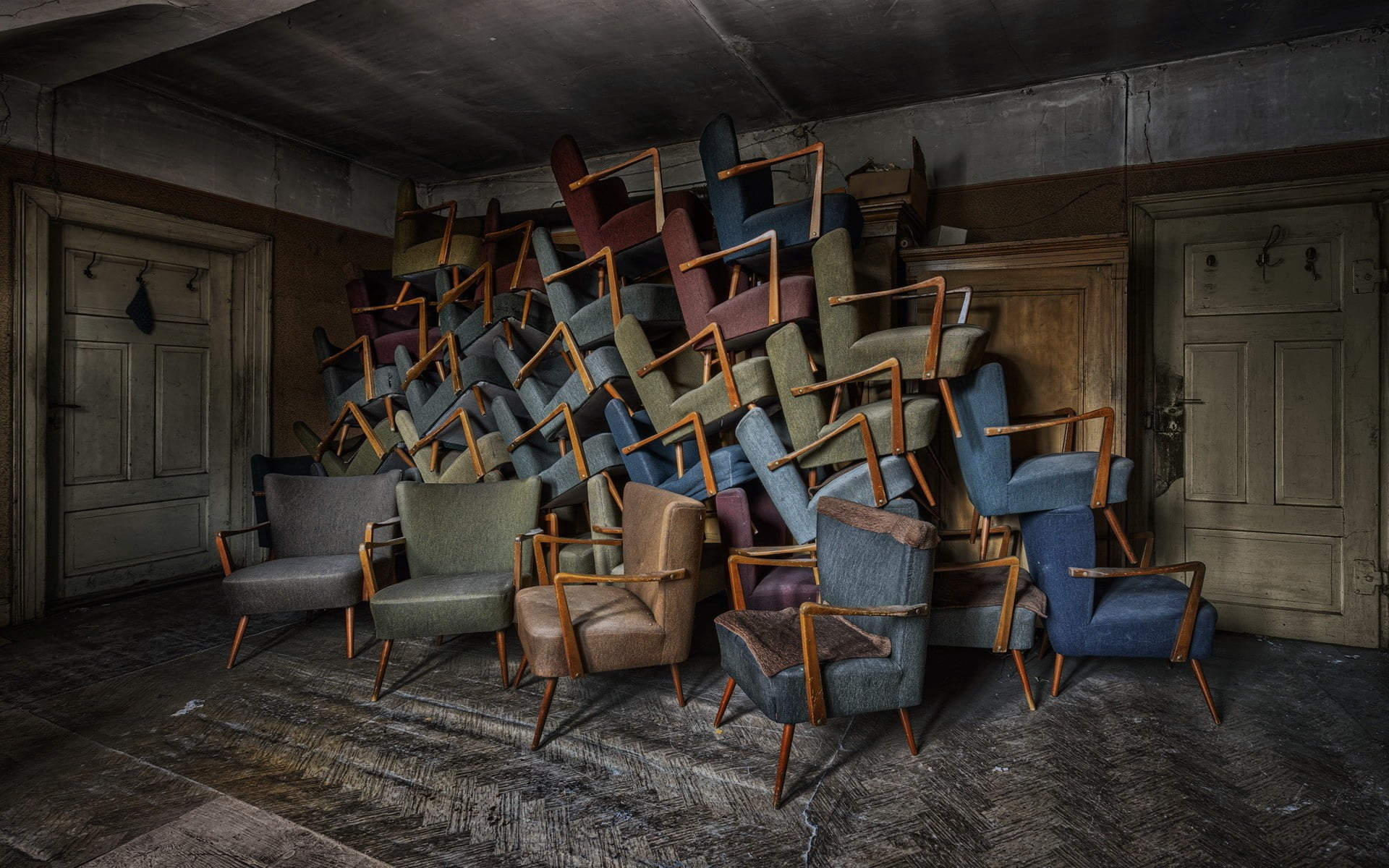 built structure, wooden, chair, no people, abandoned, absence, abundance, wall - building feature, furniture, table, seat, order, building, old, architecture, HD Wallpaper