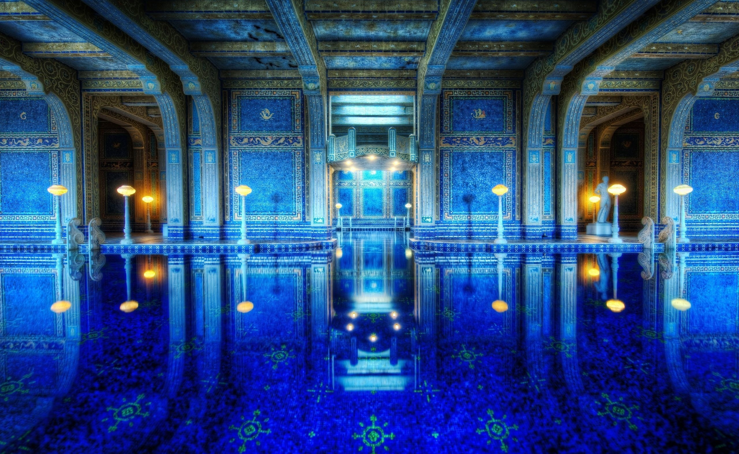 no people, night, California, Pool, pattern, travel destinations, built structure, reflection, ceiling, blue, Architecture, light - natural phenomenon, HD Wallpaper