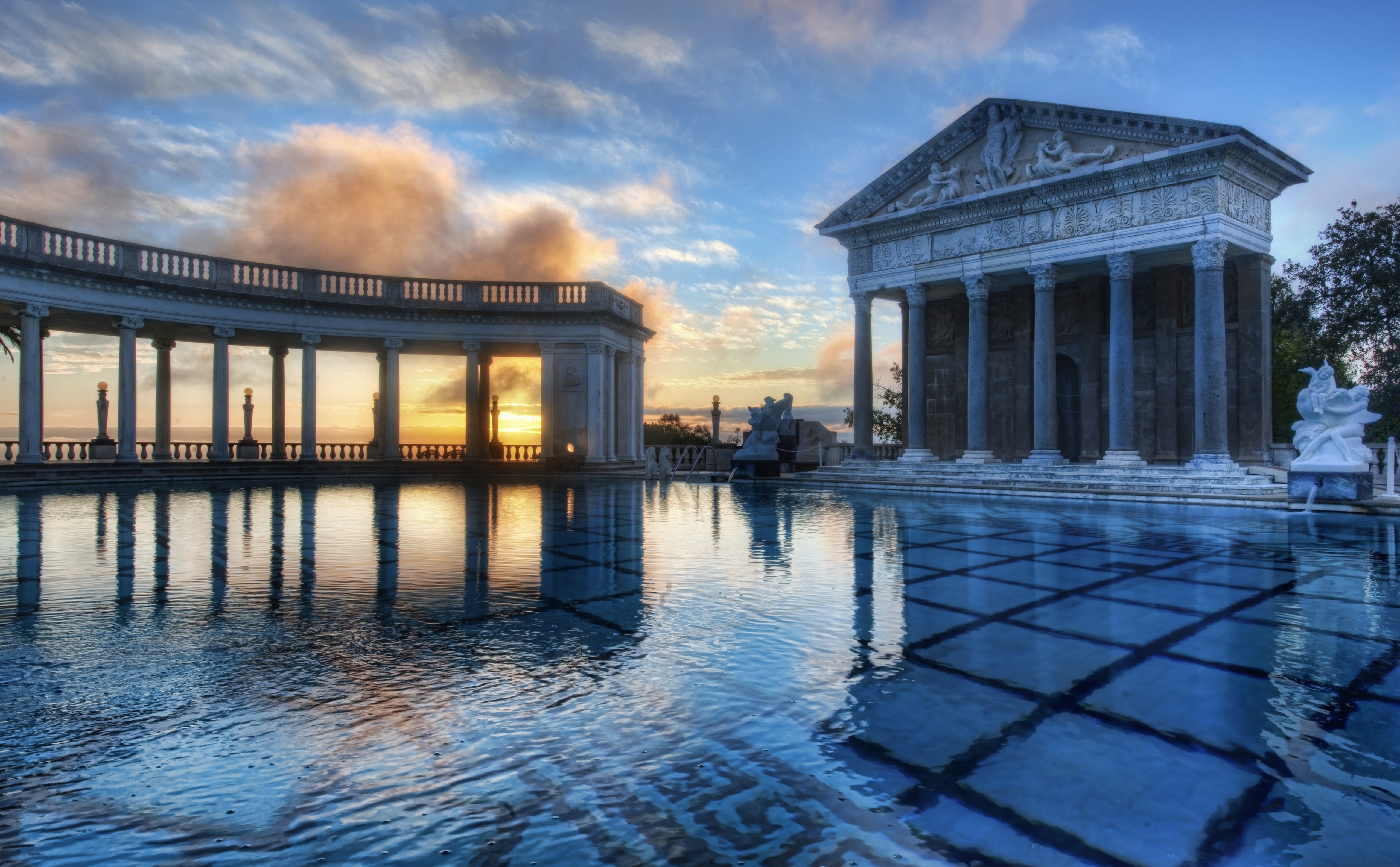 waterfront, the past, colonnade, history, building, United States, gray, travel, tourism, city gate, sunset, city, architecture, neptune, hearst castle, HD Wallpaper