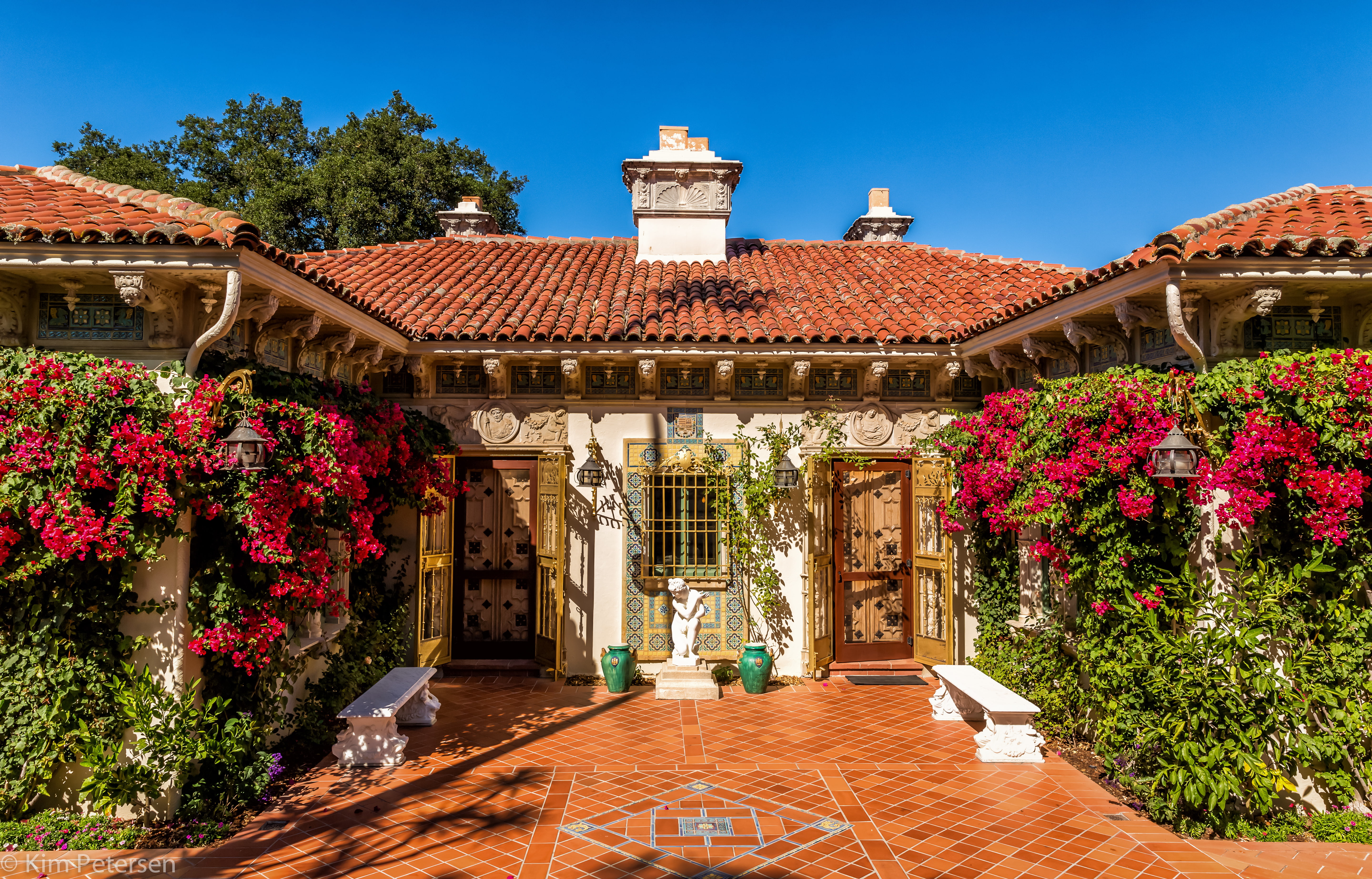 the bushes, flowers, CA, design, lights, 5K, Hearst Castle, statue, benches, the sun, USA, the sky, door, HD Wallpaper