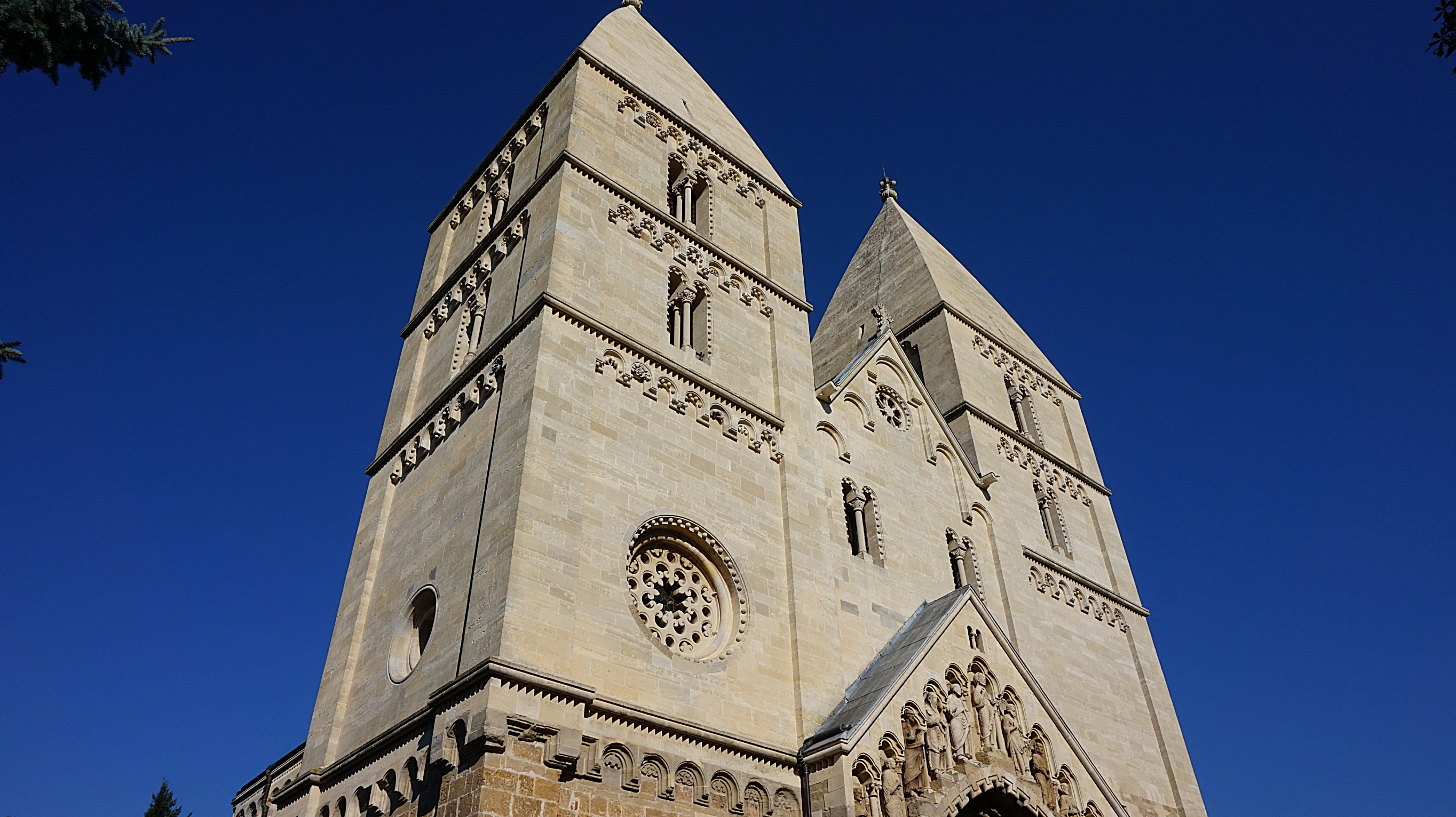 built structure, clock, jak church, clear sky, architecture, low angle view, sky, religion, the past, romanesque church, 5K, middle ages, spirituality, HD Wallpaper