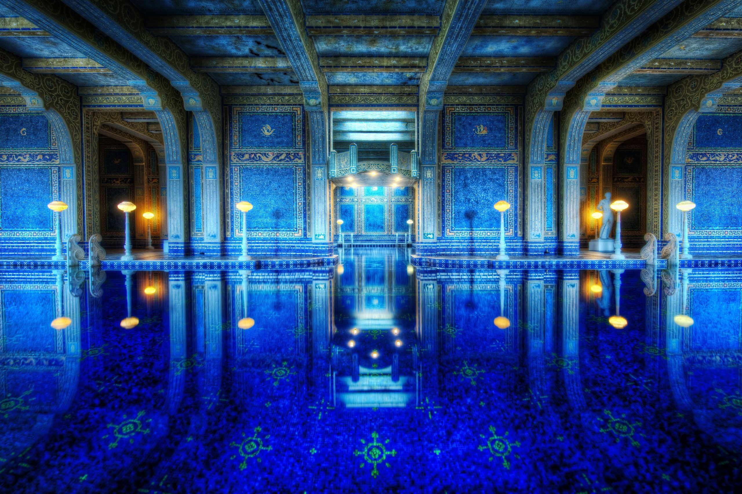 connection, tourism, water, reflection, building, travel Destinations, night, wall, diminishing perspective, history, built Structure, Hearst Castle, no people, HD Wallpaper