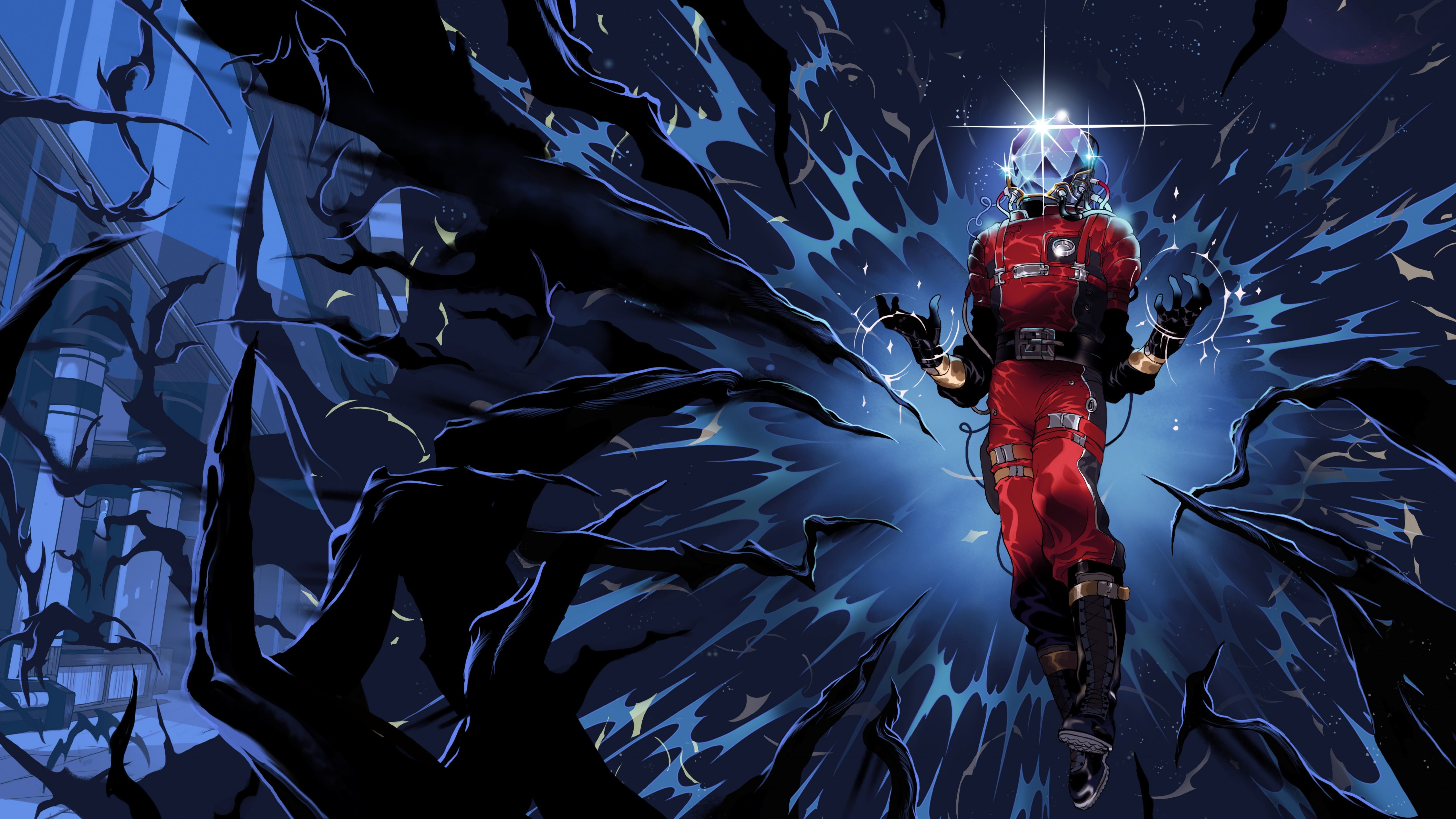 character, 2017, anime, 4k, red, suit, 5K, 5k, Prey, illustration, HD Wallpaper