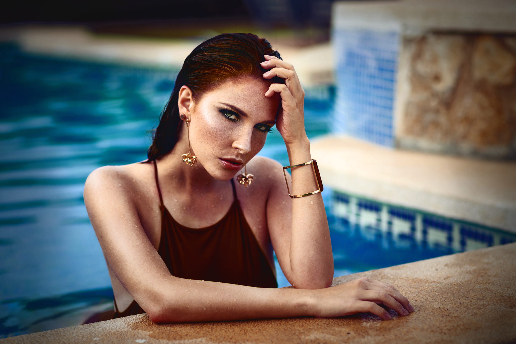 water, beautiful woman, head in hands, adult, one person, hopelessness, emotion, women, young women, young adult, depression - sadness, freckles, contemplation, HD Wallpaper
