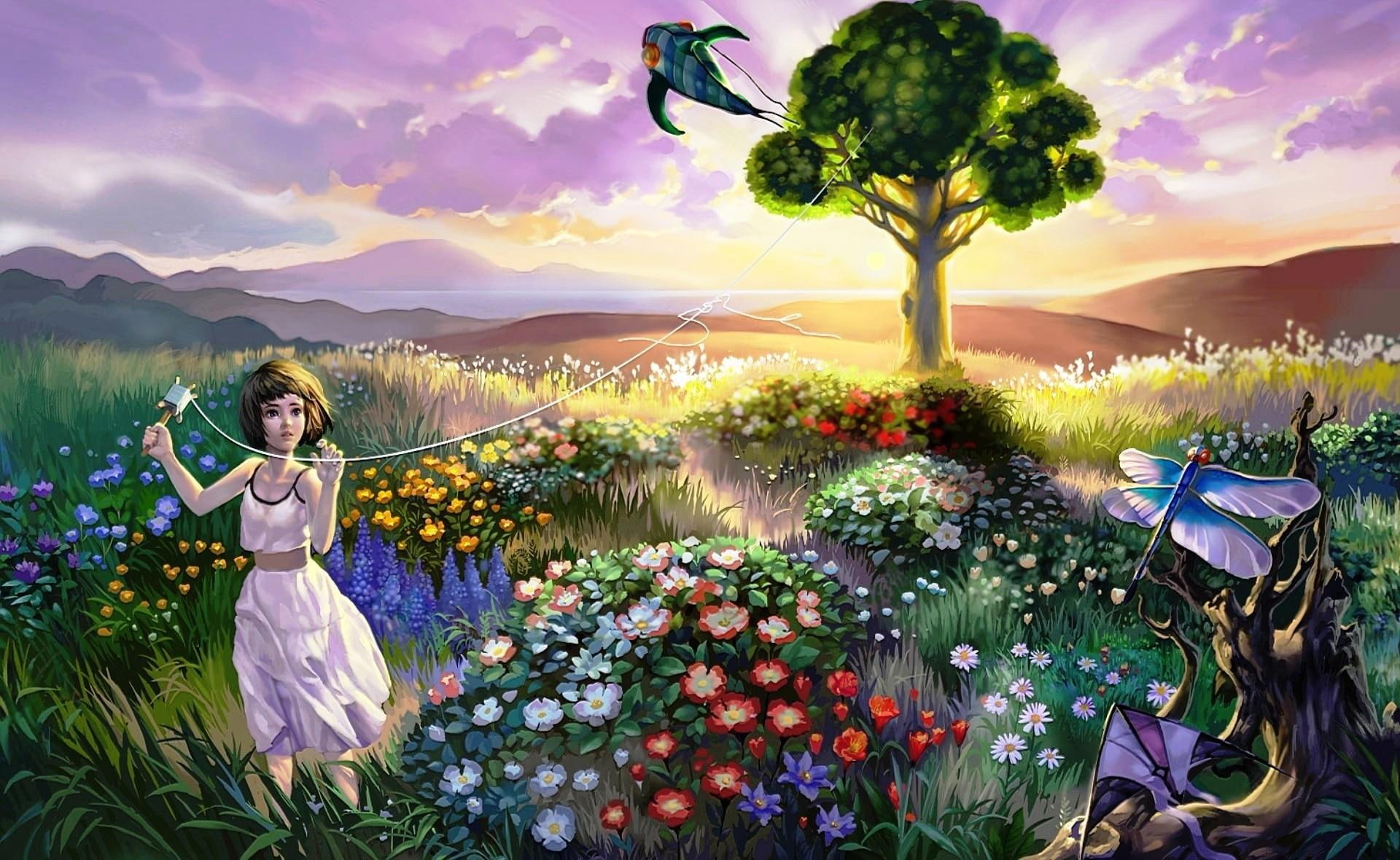 garden, play, playing, 3d and abstract, flower, woman, nature, 1080P, girl, game, tree, kite, HD Wallpaper
