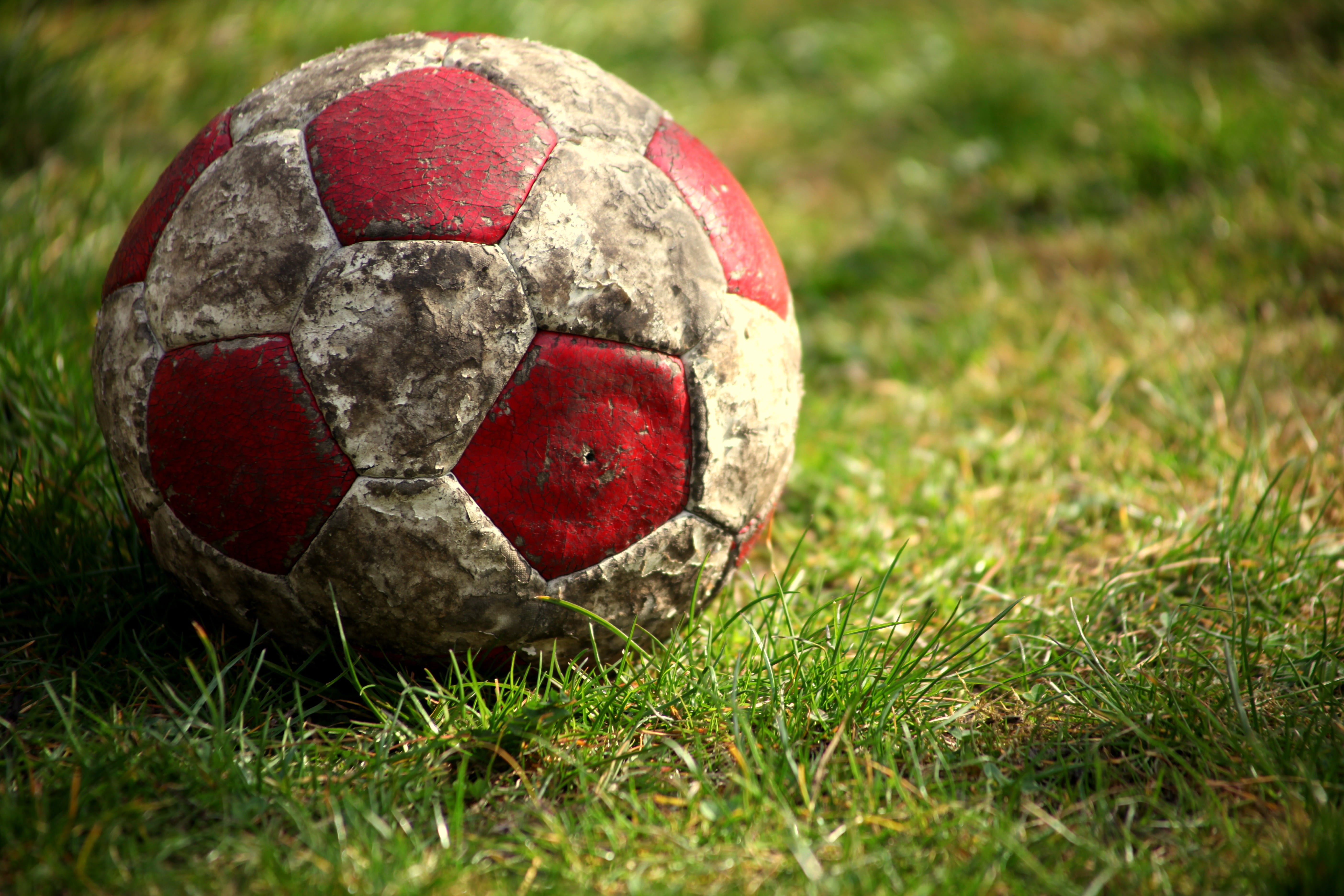 ball game, red, green, old, meadow, outdoors, football, close-up, soccer, soccer ball, single object, land, plant, field, 5K, sports equipment, garden, HD Wallpaper