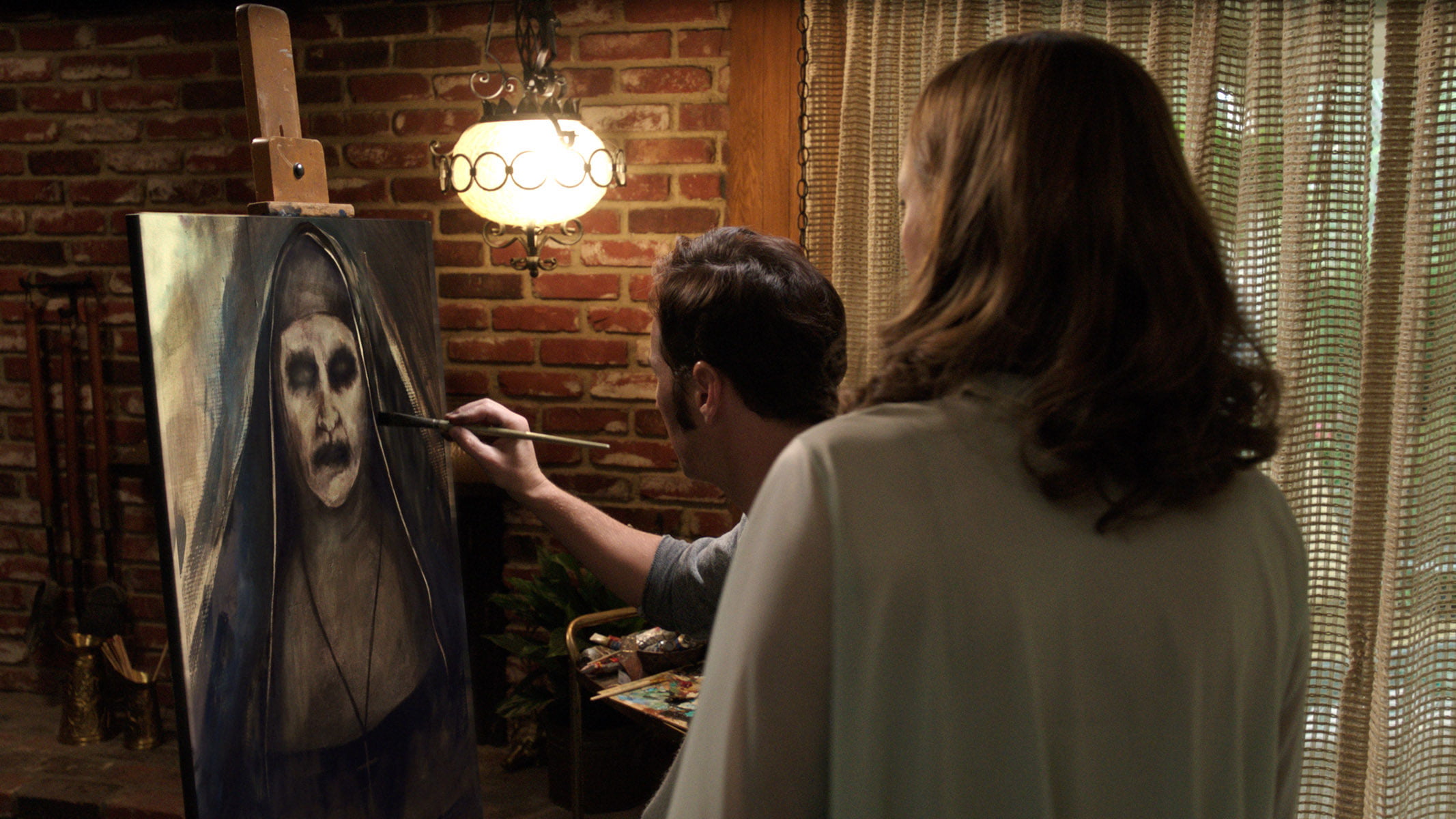 paintbrush, brown hair, 1080P, skill, brush, waist up, artist, occupation, standing, creativity, art and craft, casual clothing, movies, the conjuring 2, HD Wallpaper